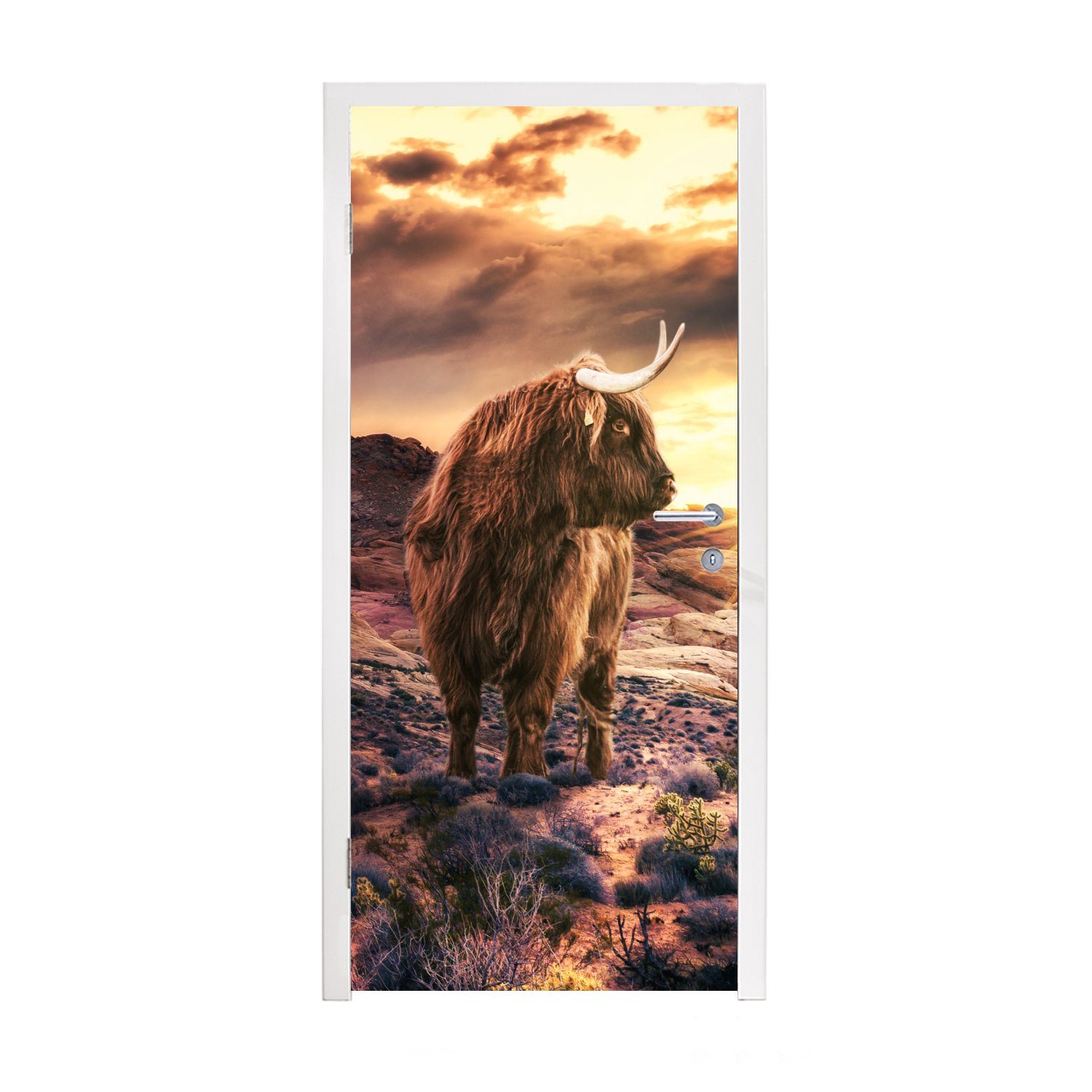 MuchoWow Türtapete Schottische Highlander - Horizont - Landschaft, Matt, bedruckt, (1 St), Fototapete für Tür, Türaufkleber, 75x205 cm