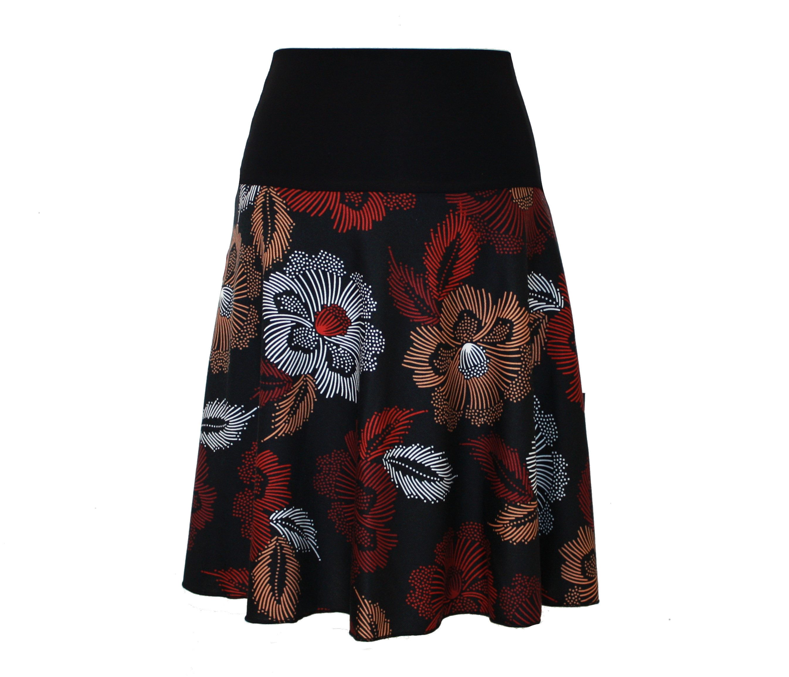 dunkle design A-Linien-Rock Scuba Jersey Blau oder Schwarz Floral elastischer Bund