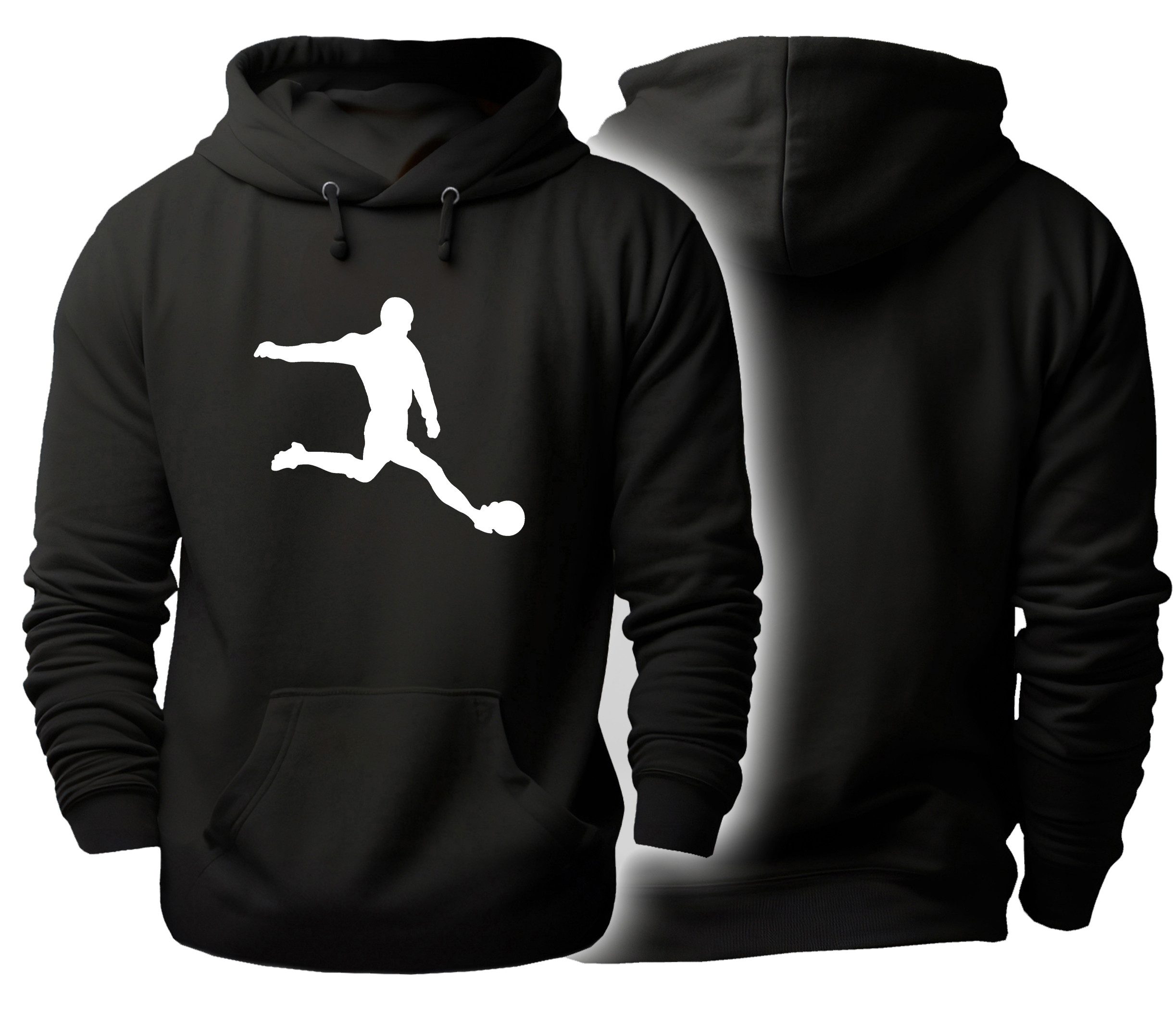 MyDesign24 Hoodie Fussball Kapuzen Pulli - Fußballer Silhouette Herren und Damen Kapuzensweater mit Fussball Print i463