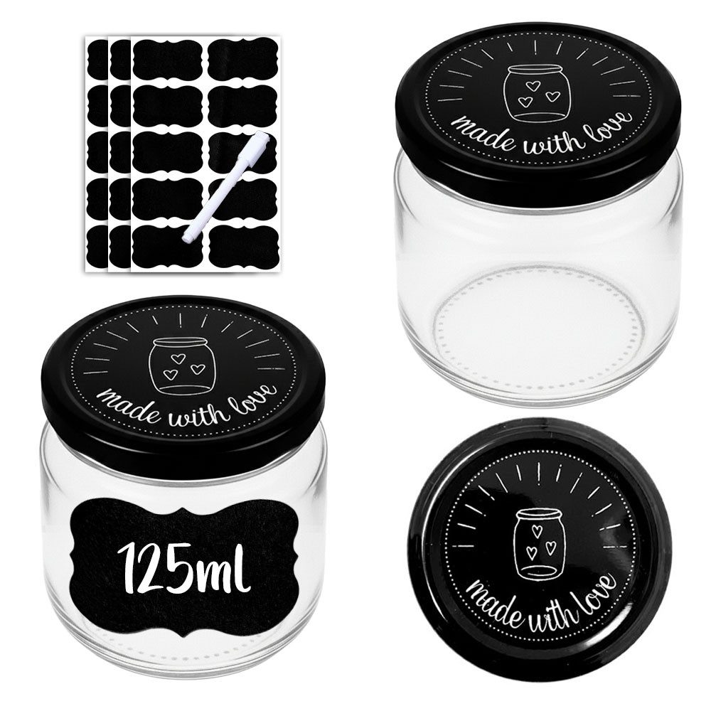 mixed24 Marmeladenglas 27x 125ml Marmeladengläser Einmachgläser made with love, inkl. wiederverwendbaren Etiketten & abwischbarem Stift