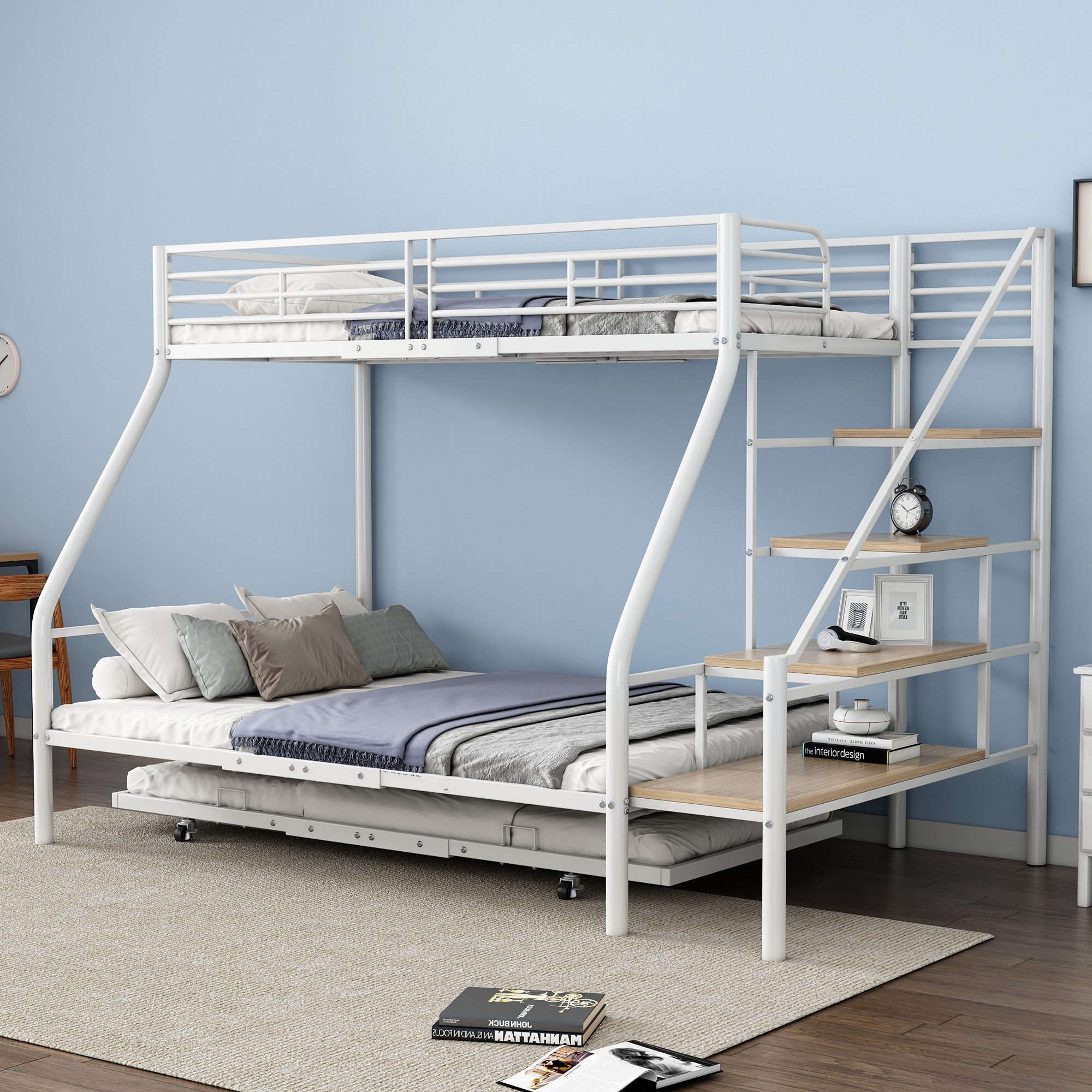 Flieks Etagenbett, Dreierbett Metallbett 90x200cm+140x200cm mit Ausziehbett günstig online kaufen