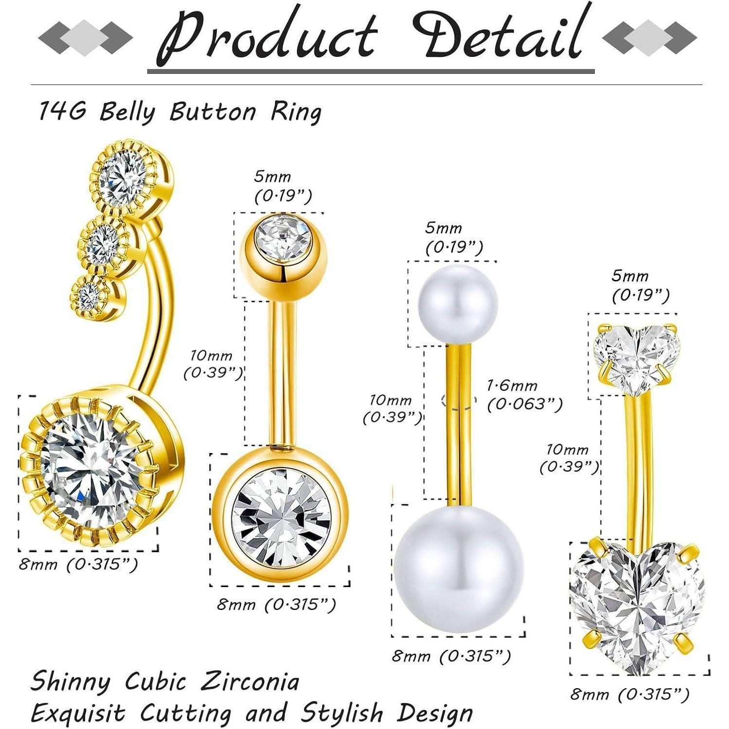 Gojewen Bauchnabelpiercing 4stk Bauchnabelpiercing 6-14mm Chirurgenstahl Piercing Silber Gold