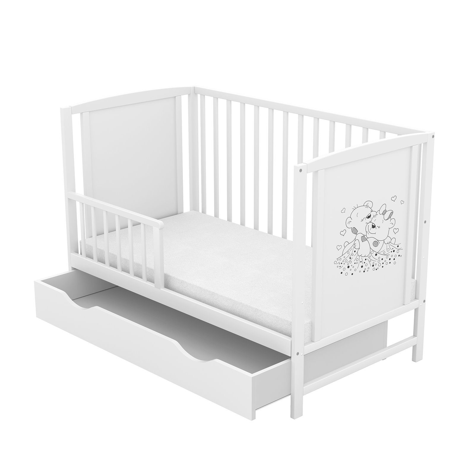 Baby-Delux Babybett Mia Bettkasten Schutzgitter, Kinderbett 60x120 weiß Schublade Barriere Kiefer Teddy Motiv Matratze