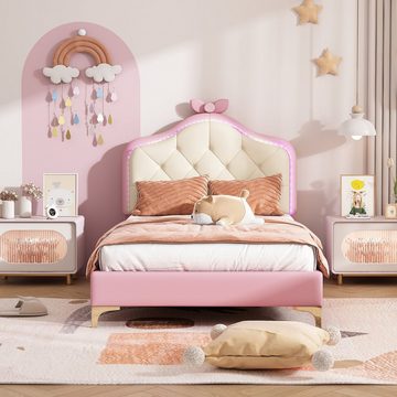 REDOM Polsterbett Kinderbett mit Holzlatten, Kunstleder, rosa Bettrahmen (mit mehrfarbigen, wechselnden LED-Streifen, Einzelbett mit Holzlatten, Kunstleder, rosa Bettrahmen 90x200cm)