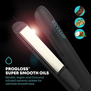 REVAMP Glätteisen Progloss Ion Shine Keramik mit Smooth Keratin Keramik-Beschichtung, Mit drei digitalen Hitzestufen (130 °C, 210 °C) Argan- und Kokosöl