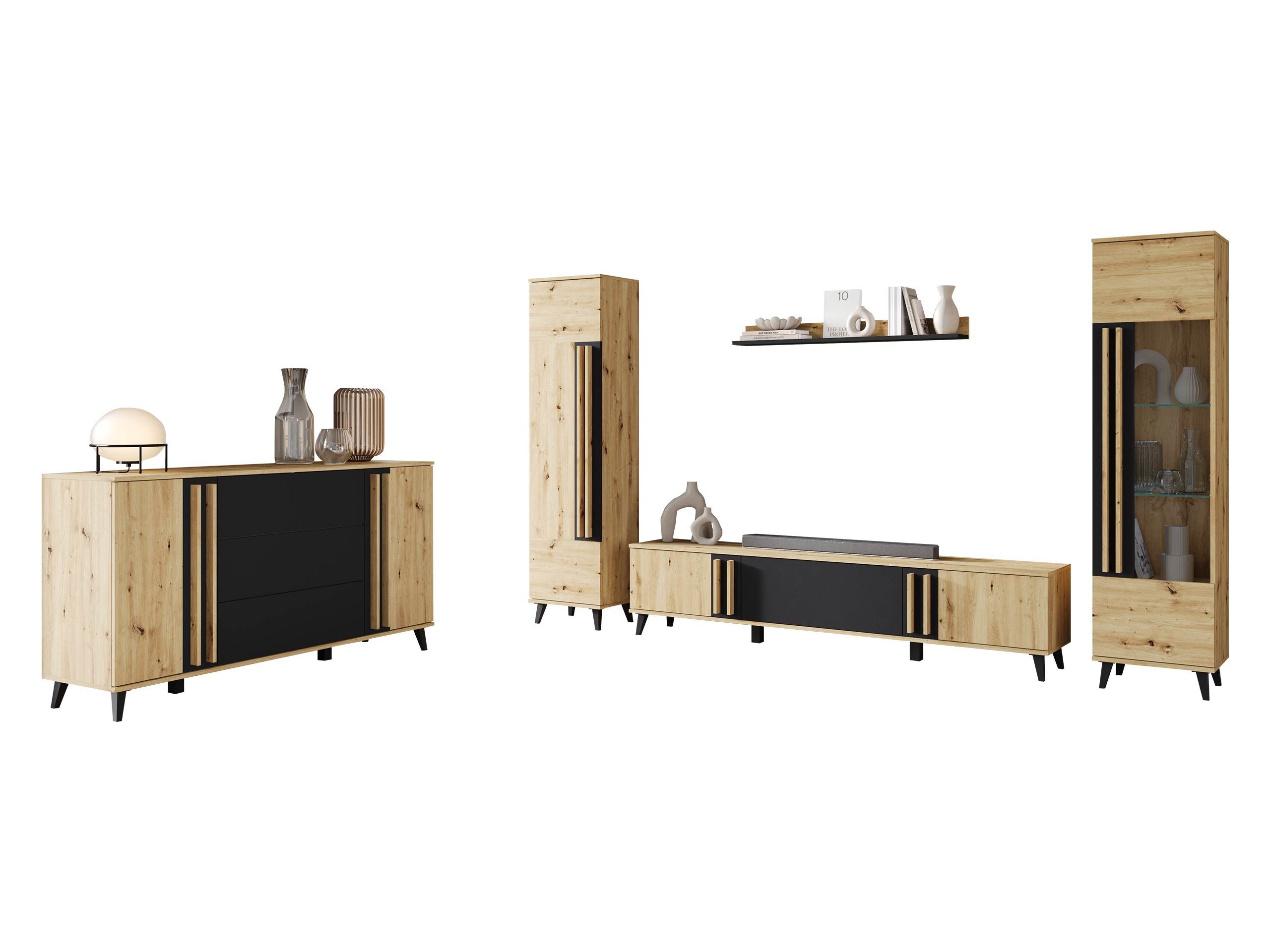 MIRJAN24 Wohnzimmer-Set Helsinki IV, (5er-Set, Vitrine, Regal, TV-Lowboard, Wandregal, Kommode), Füße - 10 cm