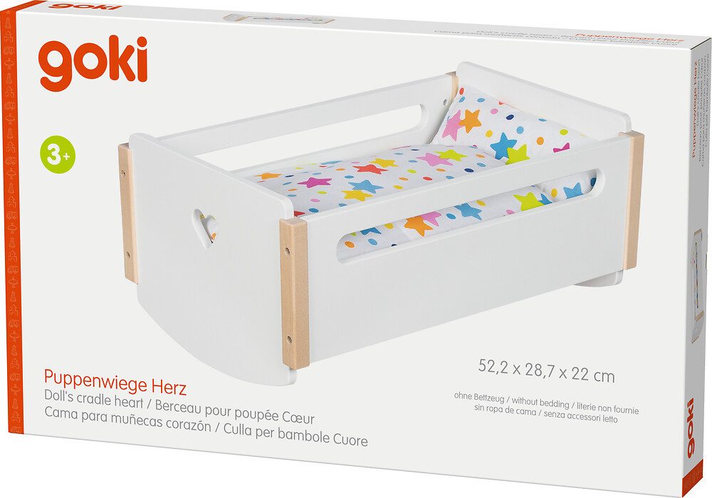 goki Puppenbett Puppenwiege Herz, weiß & natur, Holz-Puppenbett mit Schaukelkufen – Bild 4 von 4