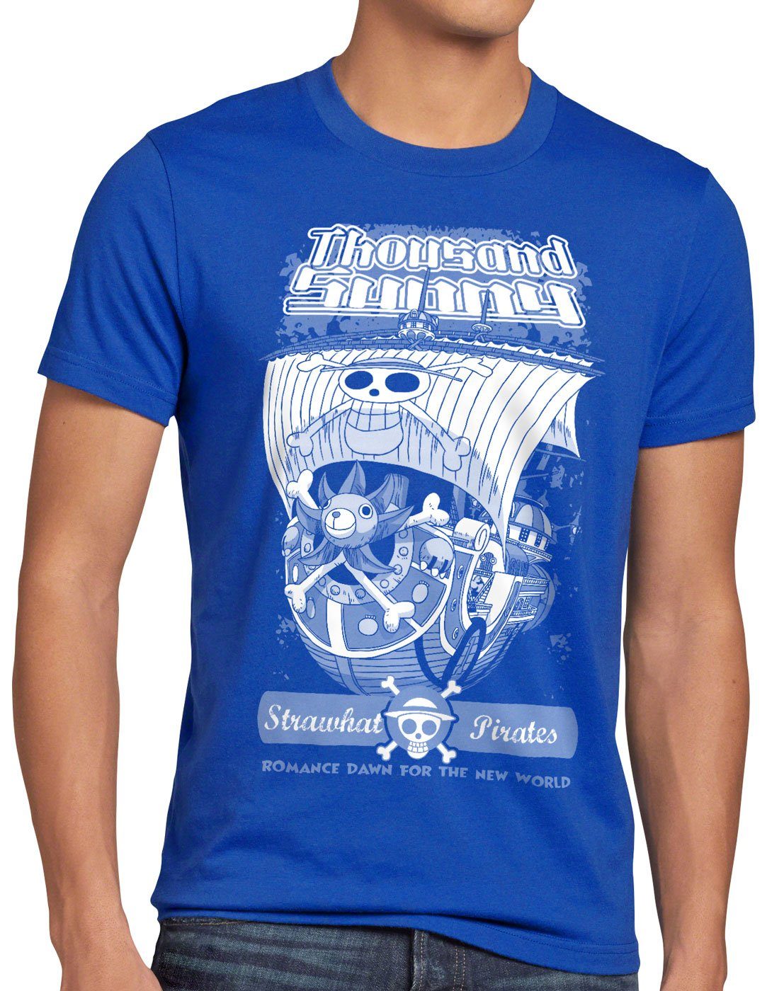 Herren Print-Shirt strohhut japan Sunny Glory T-Shirt Thousand style3 blau anime pirat