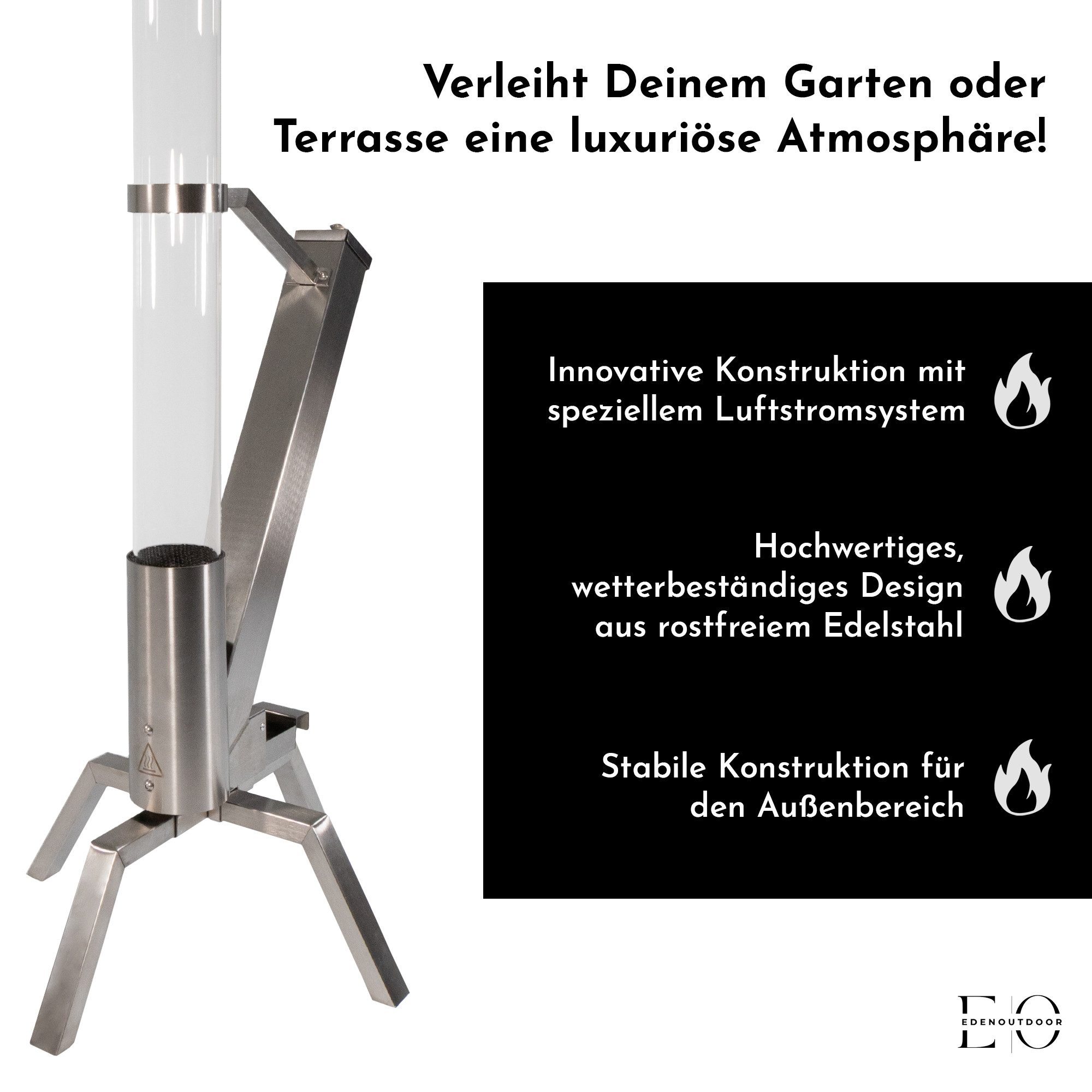 Edenoutdoor Gartenfackel Pelletfackel Edelstahl, Feuerrohr mit Glasröhre 75 Min. Brenndauer, hochwertiges, wetterbeständiges Design
