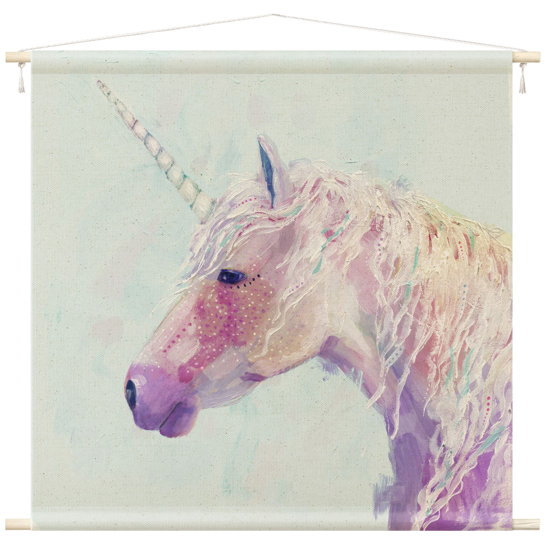 Bilderdepot24 Wandteppich modern Aquarell Tiere Einhorn rosa, quadratisch, Höhe: 2.6 mm, großes Wandbild aus Natur-Baumwolle Wandbehang Stoffbild Tuch Wollseil