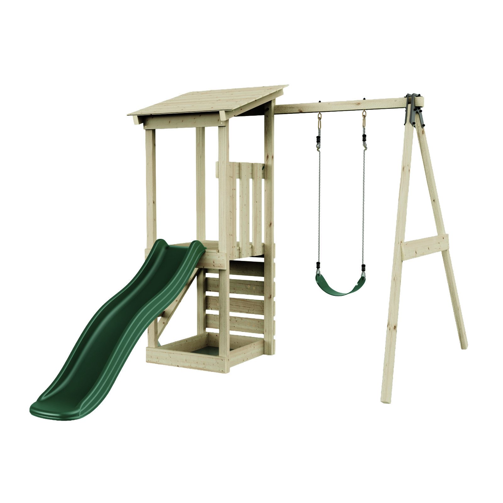 OutdoorToys Spielturm Lyon aus Holz in Grün mit Kinderschaukel & Rutsche, Kletterwand, aus Holz in Grün mit Kinderschaukel & Rutsche, Kletterwand