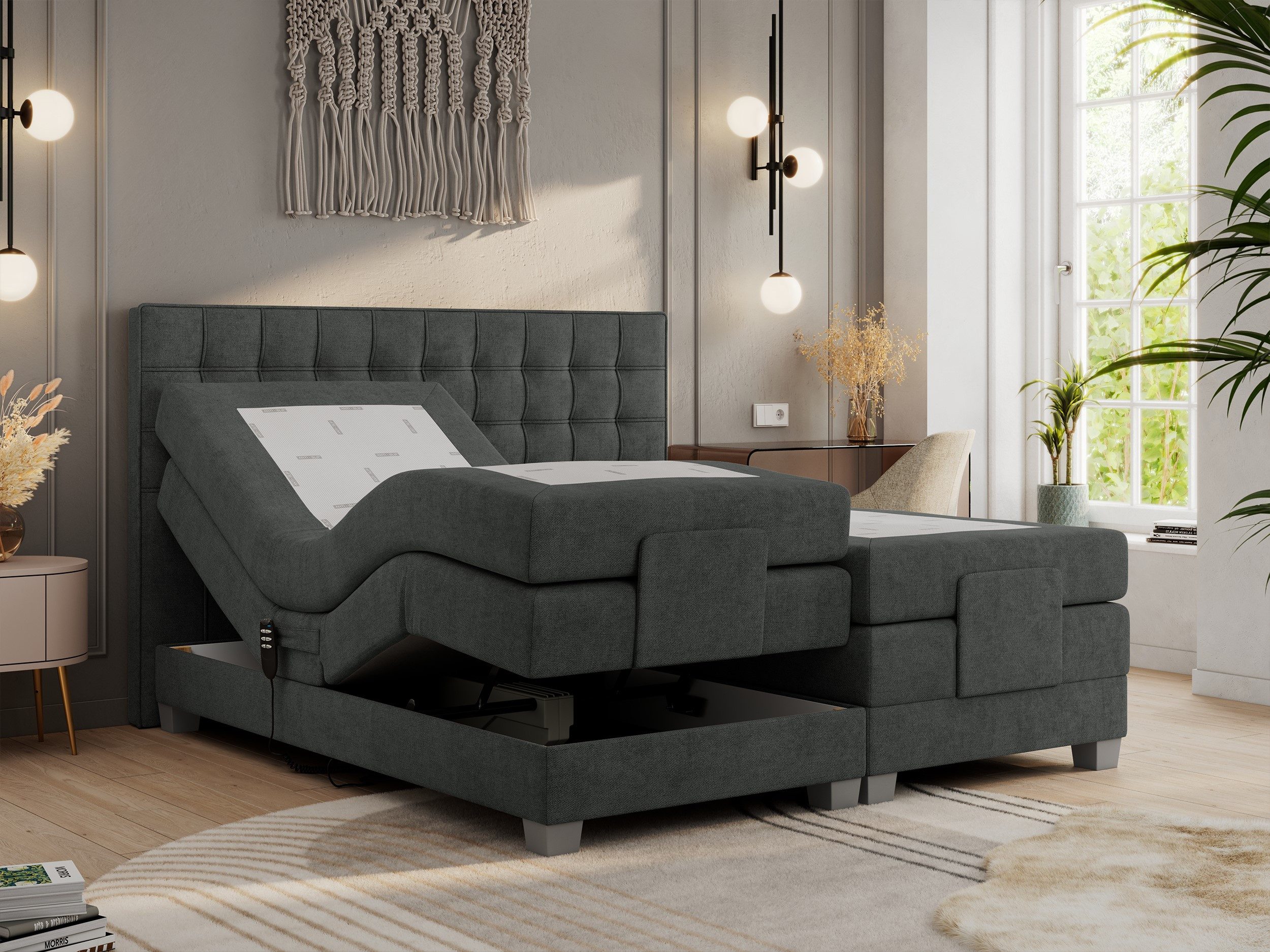 MKS MÖBEL Boxspringbett ELECTRO (Set, Packung, Multipocket-Matratzen, T30-Schaum, Elektrische Matratzenverstellung), Elektrisch verstellbare, Doppelbett mit Kopfteil, 3 Matratzen, Topper