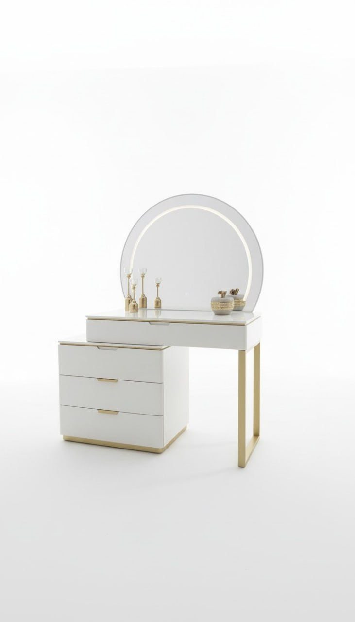 JVmoebel Schminktisch Modern mit LED Spiegel und Schubladen Weiß Gold Sofort (1-St., 2-teilig), Luxuriöses Design mit großem Spiegel und Platz für die Aufbewahrung