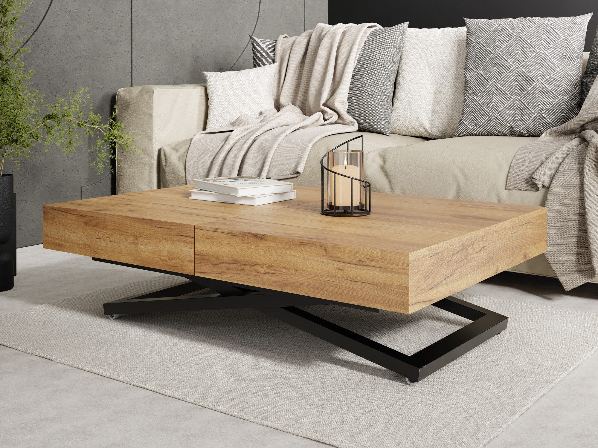 WFL GROUP Couchtisch Cavetta X höhenverstellbar ausziehbar mit schwarzen Metallbeinen (erhältlich in einer Größe – 120x80x27-76 cm, ausziehbar auf 200 cm), industrial Tisch in Holzoptik für Küche, Esszimmer oder Wohnzimmer