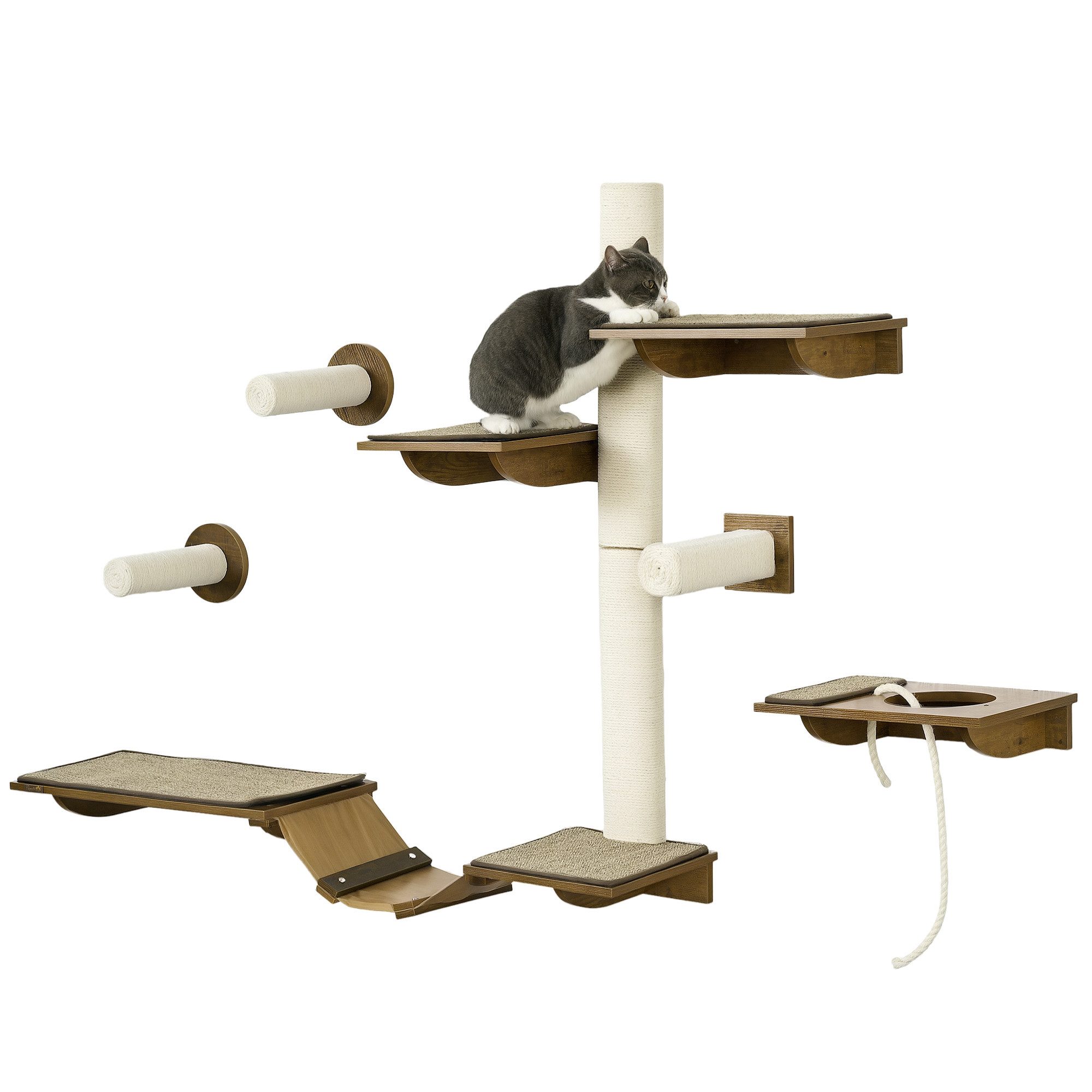 PawHut Katzen-Kletterwand Katzenwandmöbel mit Kratzbäumen, Sitzstangen, Leiter, für Wohnzimmer, Braun+Cremeweiß