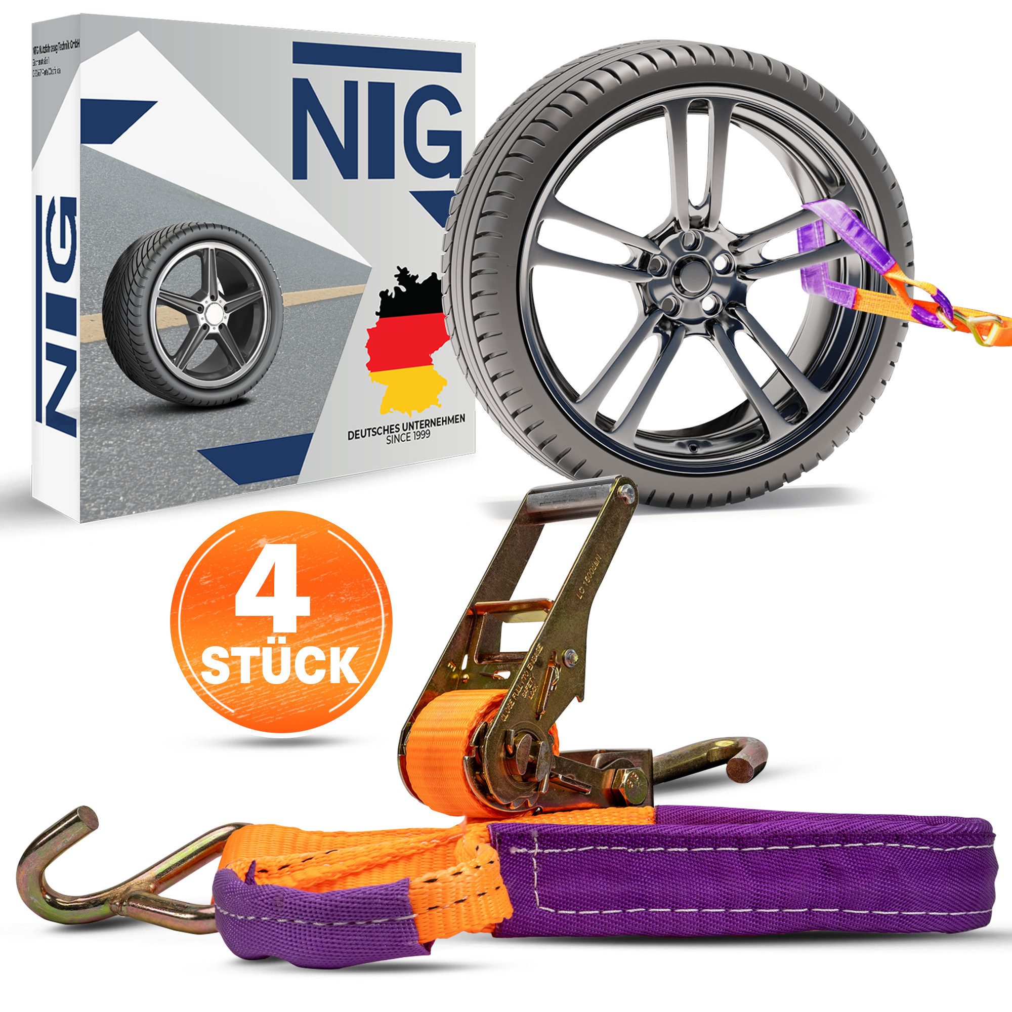 NTG Nutzfahrzeug Technik GmbH Spanngurt Zurrgurt Autotransport 4 Stück Set PKW Radsicherung Gurt Auto NTG (4-St) NACH DIN EN 12195-2