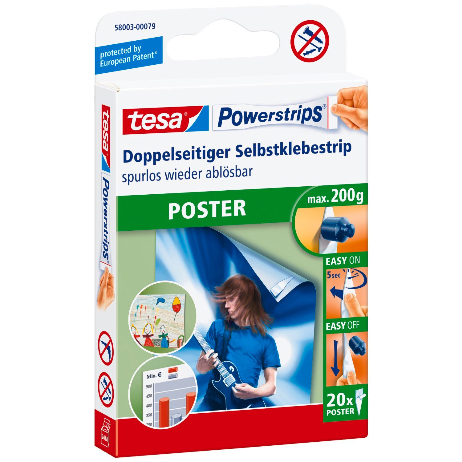 tesa Klebehaken POWERSTRIPS Poster Doppelseitige Klebestreifen, (Packung, 20-St., 20 Stck), Stripes weiß - kleben statt bohren