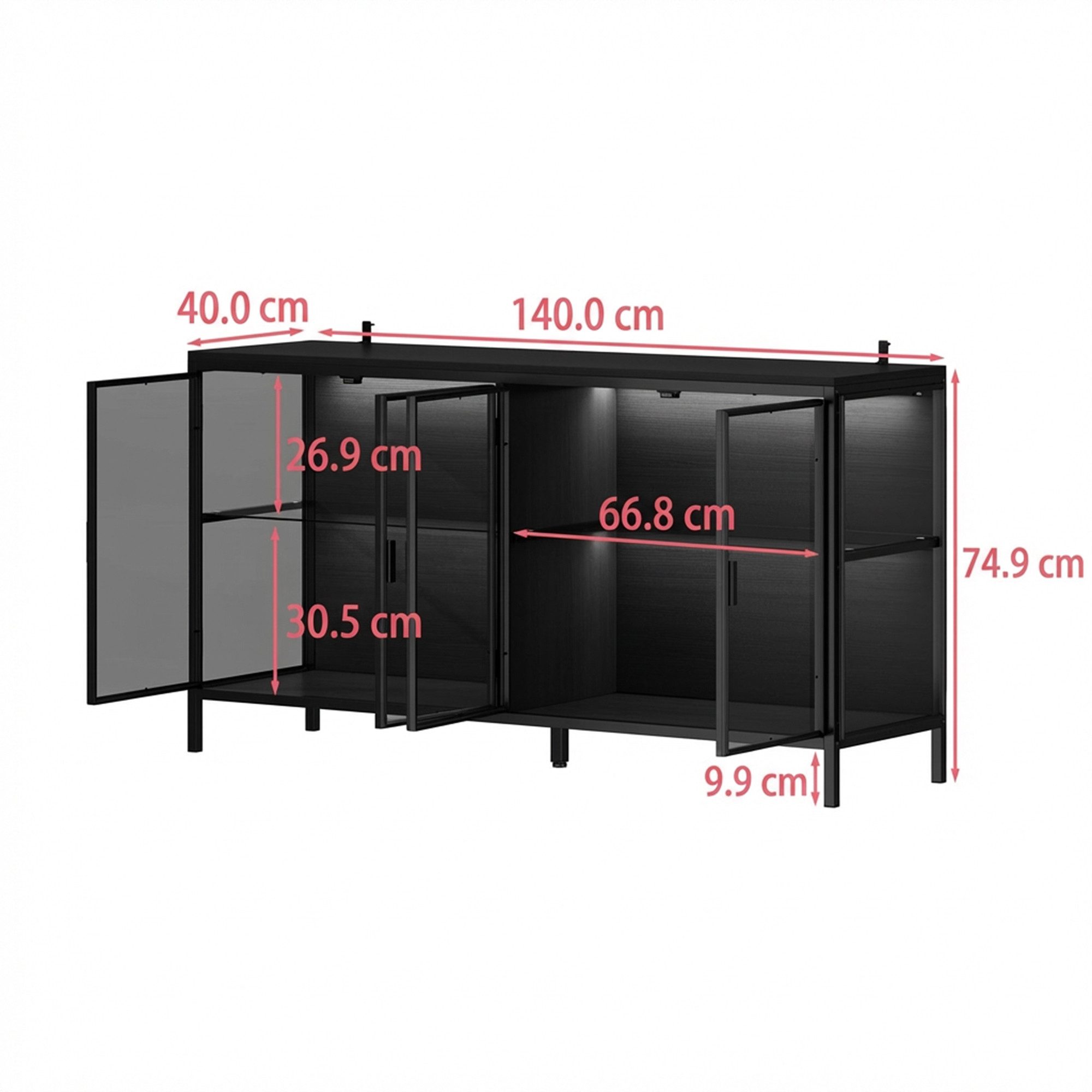 HOMSEE Vitrine mit LED-Spotlight Moderner Glasvitrine, 140×40×75 cm (1-St) Staubschutz Robuster Eisenrahmen Großzügiger Stauraum