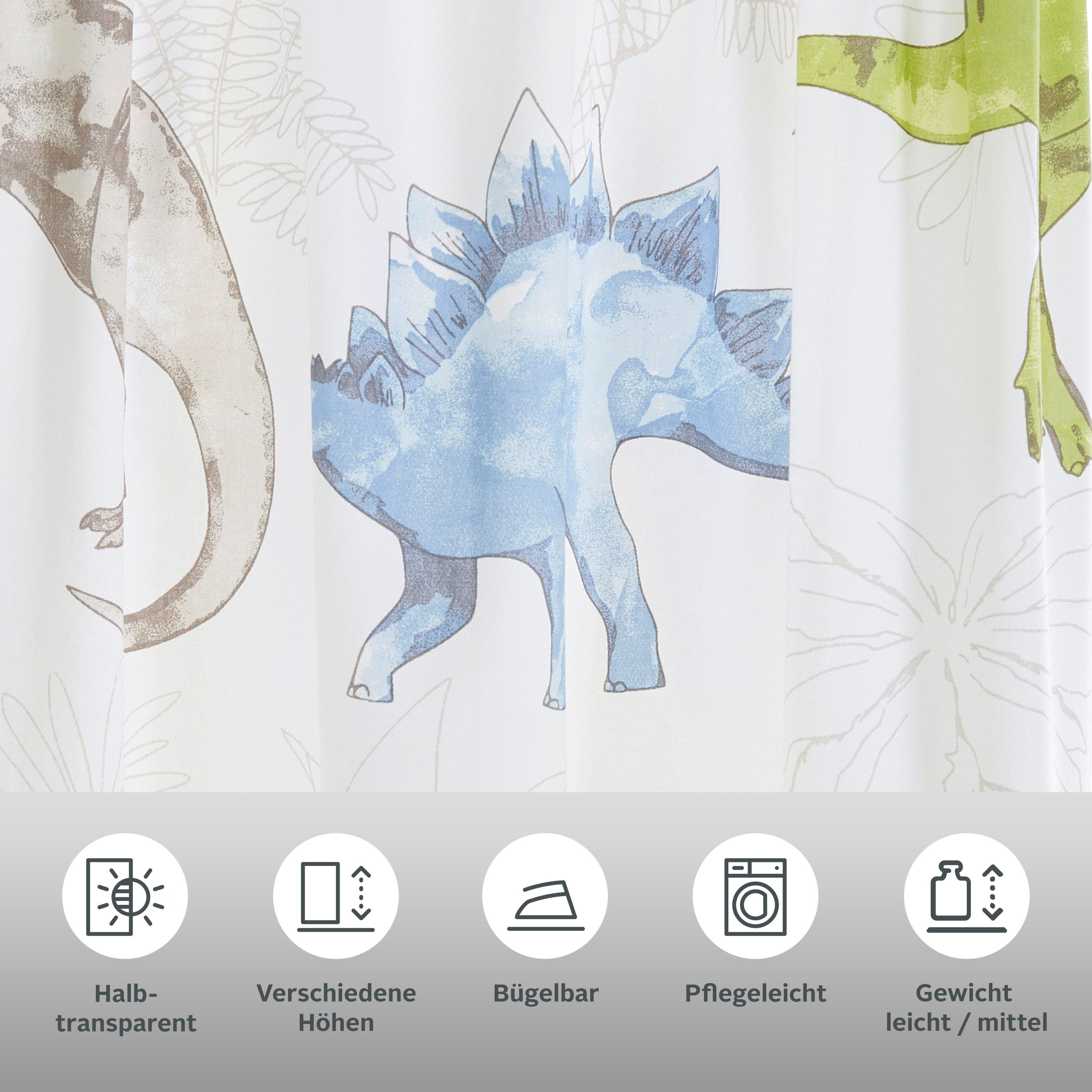 OTTO home Gardine DINO (1 St), Kräuselband, halbtransparent, Polyester, Kindergardine, einseitig mit Dinosauriern bedruckt