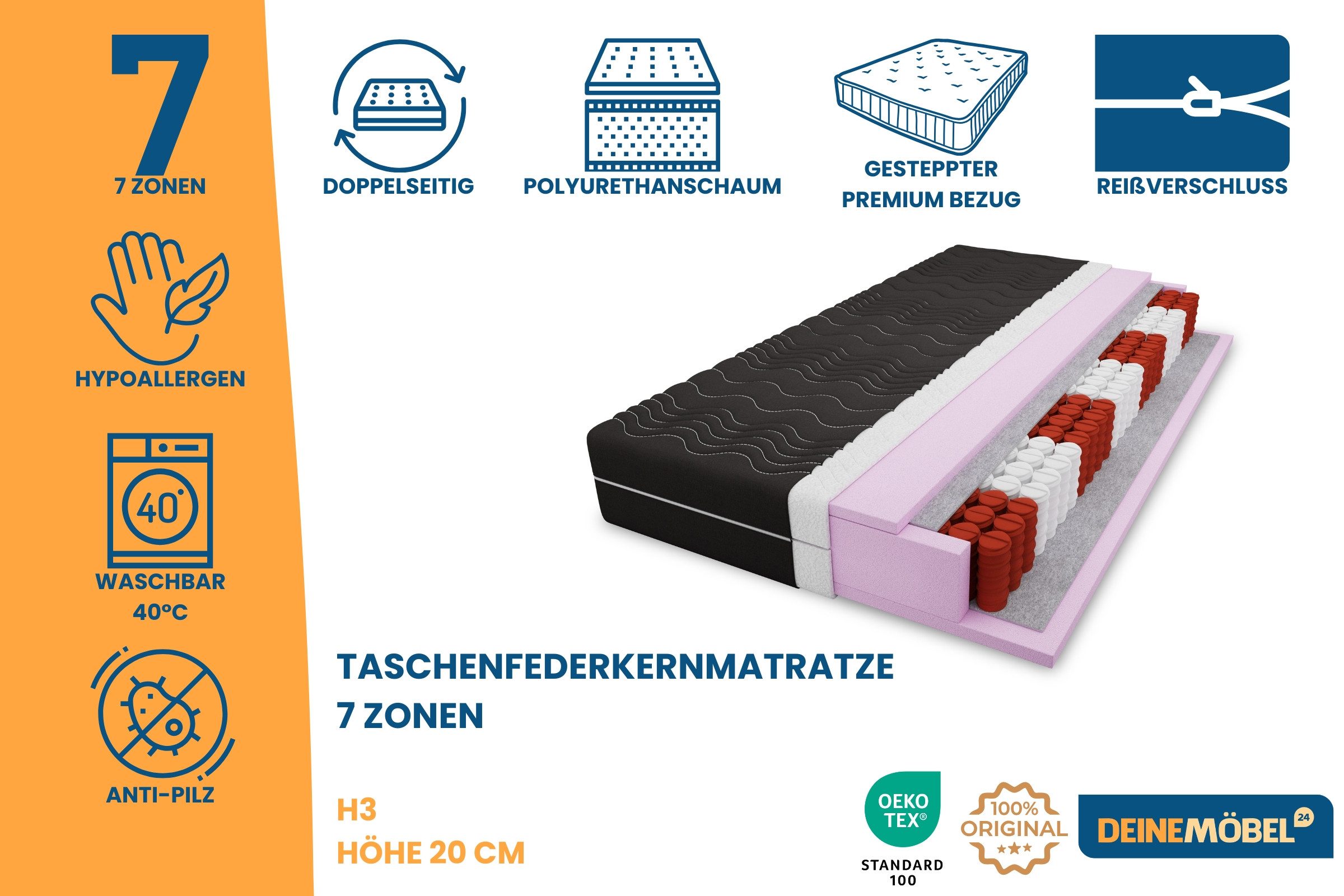 Taschenfederkernmatratze 7-Zonen 20 cm hoch Härtegrad H3, Deine Möbel 24, 2 günstig online kaufen
