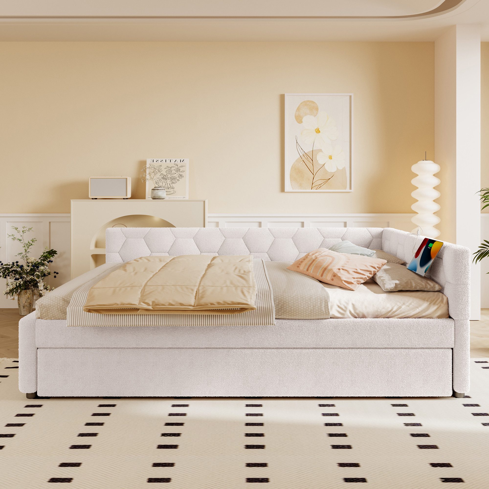 Flieks Daybett, Polsterbett Kinderbett 140x200cm mit Ausziehbett 90x190cm, USB & Typ-C