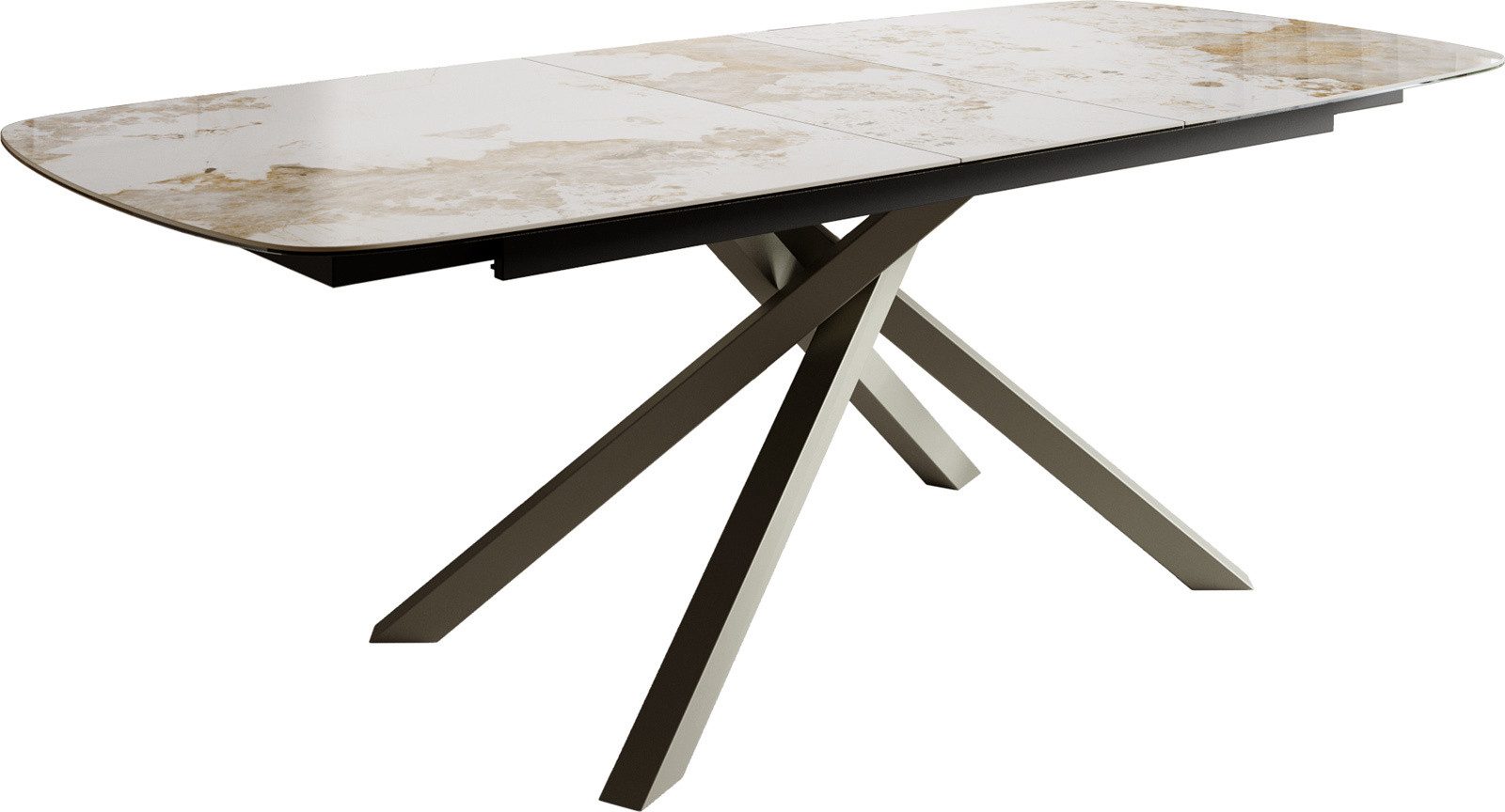 DELIFE Esstisch Edge, Boot 180-220x100 cm Keramik Minas Melange Weiß-Beige Kreuzgestell Rech