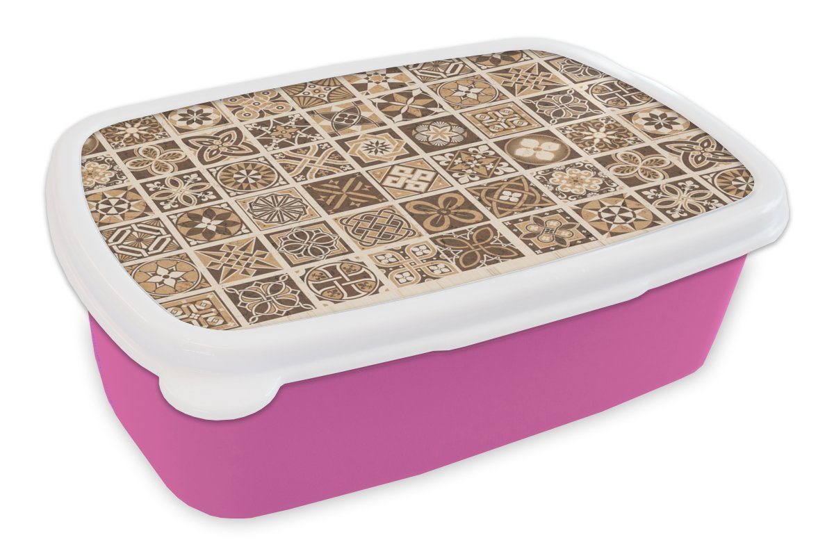MuchoWow Lunchbox Design - Blumen - Braun - Natur - Vintage, Kunststoff, (2-tlg), Brotbox für Erwachsene, Brotdose Kinder, Snackbox, Mädchen, Kunststoff rosa