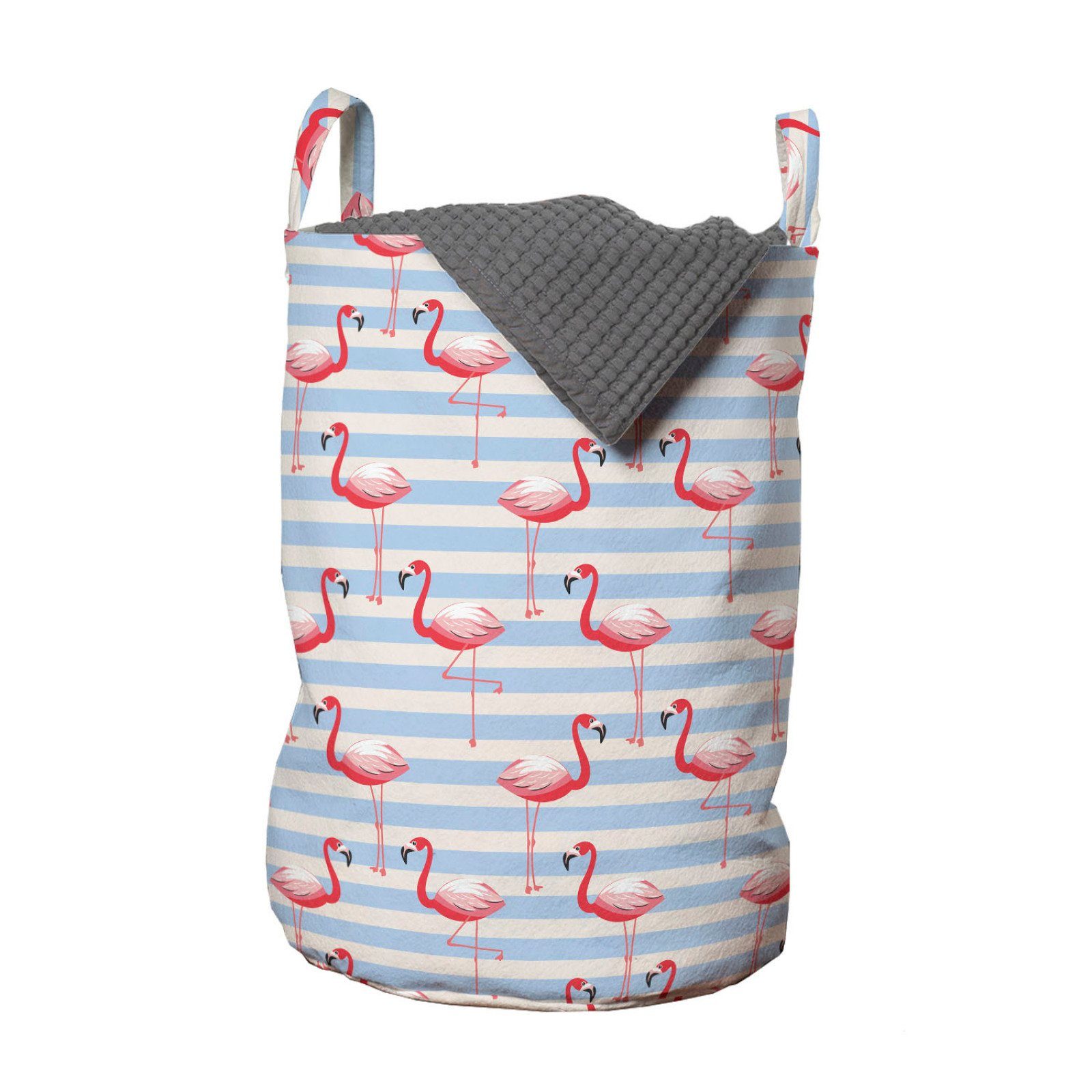 Abakuhaus Wäschesäckchen Wäschekorb mit Griffen Kordelzugverschluss für Waschsalons, Flamingo Vögel auf Marine-Streifen