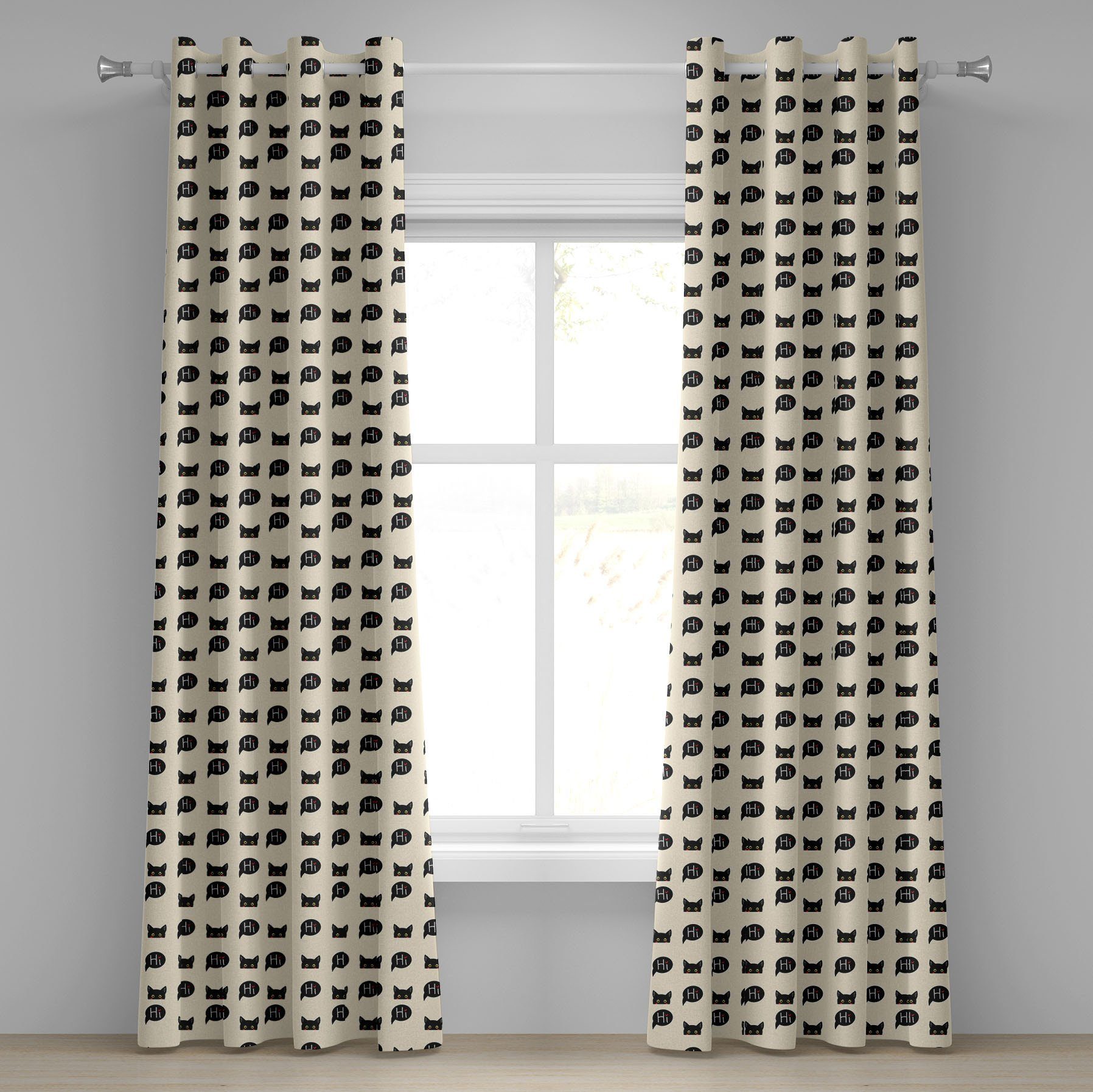 Gardine Dekorative Abakuhaus, Wohnzimmer, sagt Schwarz Hallo Kitties für Schlafzimmer Katze 2-Panel-Fenstervorhänge