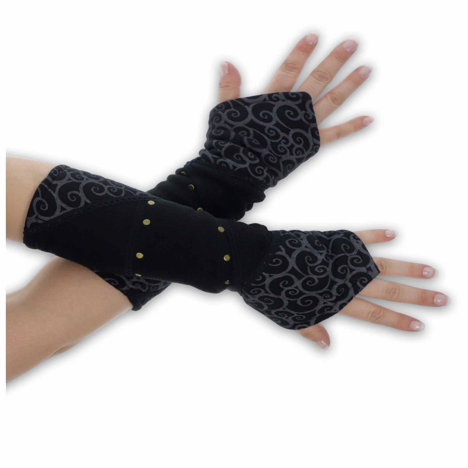 Damen KUNST Boho UND Handschuhe Stulpen Armstulpen / Schwarz Kunst&Magie Fleece Armstulpen Handwärmer Black MAGIE