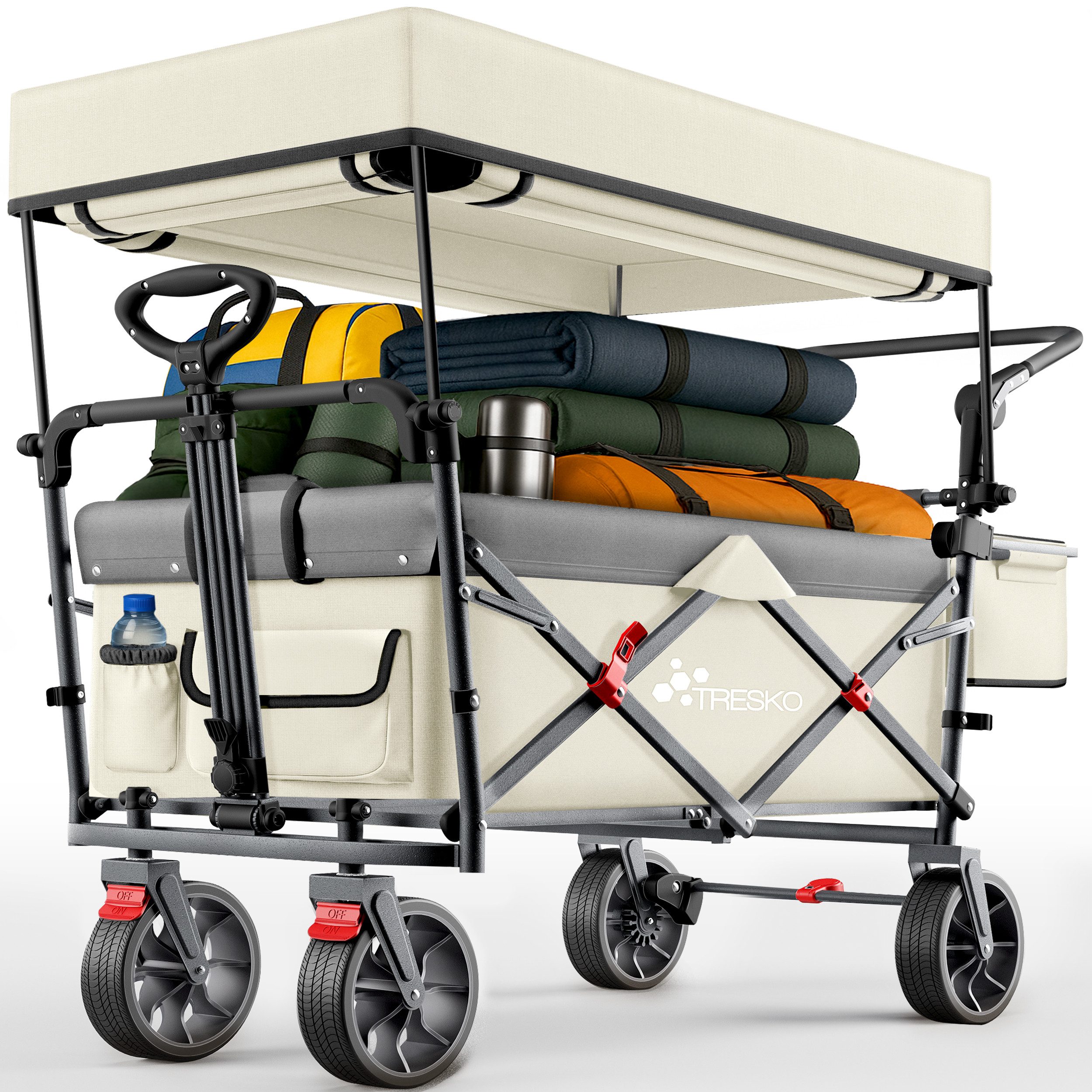 TRESKO Bollerwagen TRESKO Faltbarer Bollerwagen Handwagen (Feststellbremsen (Vorne & Hinten) und 3-Punkt-Gurt, max. belastbar bis 150kg Transportwagen mit Vollgummireifen), Faltbar mit Dach, Kühlfach & Seitenrollos Handwagen