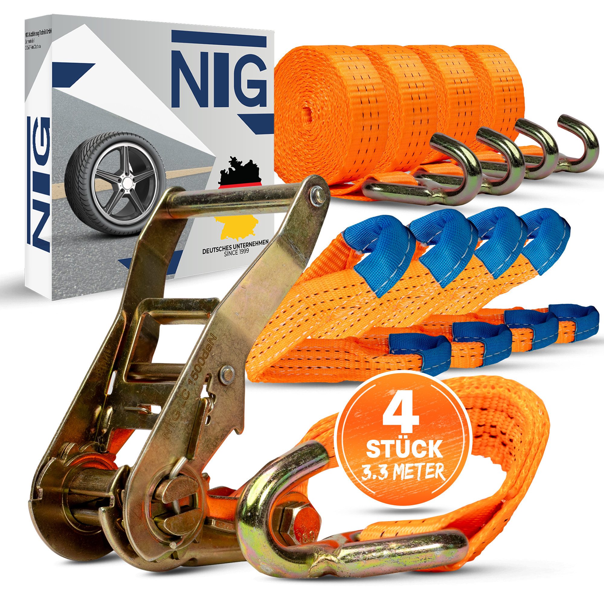 NTG Nutzfahrzeug Technik GmbH Spanngurt 4 Stück für Auto Transport, 35mm, Länge 3300 mm (4-St) 3000 daN, Zurrgurt, Radsicherung, PKW, Reifengurt, Trailer, NFZ