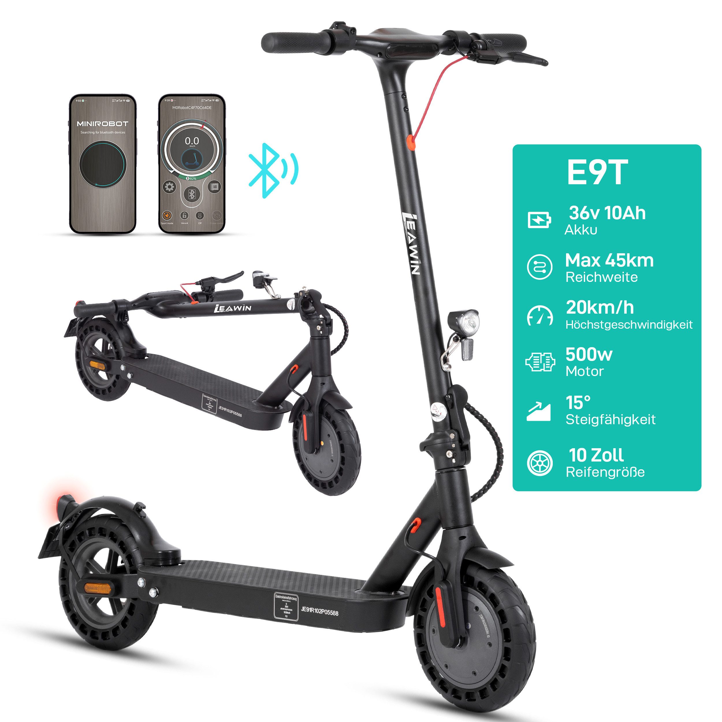 ZWHEEL E-Scooter mit Straßenzulassung 10‘’ E-roller, klappbarer Elektroroller, 45km, 500 W, 20 km/h, (max. Zuladung 120 kg, Steigfähigkeit 20 °, mit Schutzblechen), mit APP, LED-Display, Doppels Bremssystem, mit Stoßdämpfung