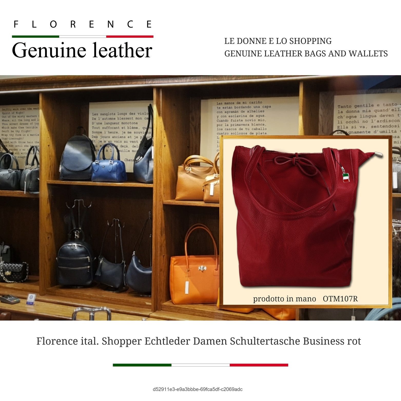 FLORENCE Shopper Florence ital. Shopper Echtleder Damen (Schultertasche, Shopper), Damen Shopper, Schultertasche Leder, rot, Größe ca. 28cm