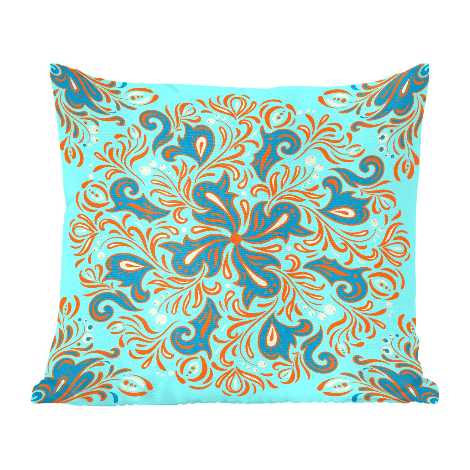 MuchoWow Dekokissen Blume - Blätter - Blau - Orange, Zierkissen mit Füllung für Wohzimmer, Schlafzimmer, Deko, Sofakissen