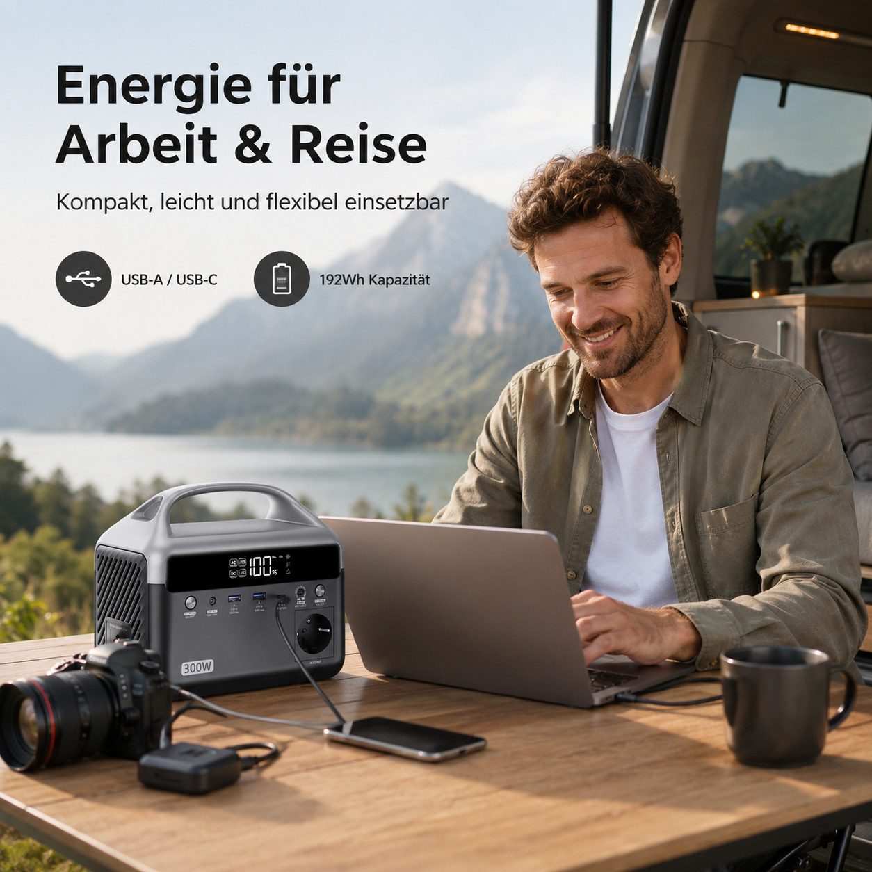 Goldstern-Tech Powerstation Tragbarer Stromspeicher 192 Wh LiFePO4-Akku 60000 mAh (12 V), 600 W Spitzenleistung, USB-C 45 W, LED-Licht