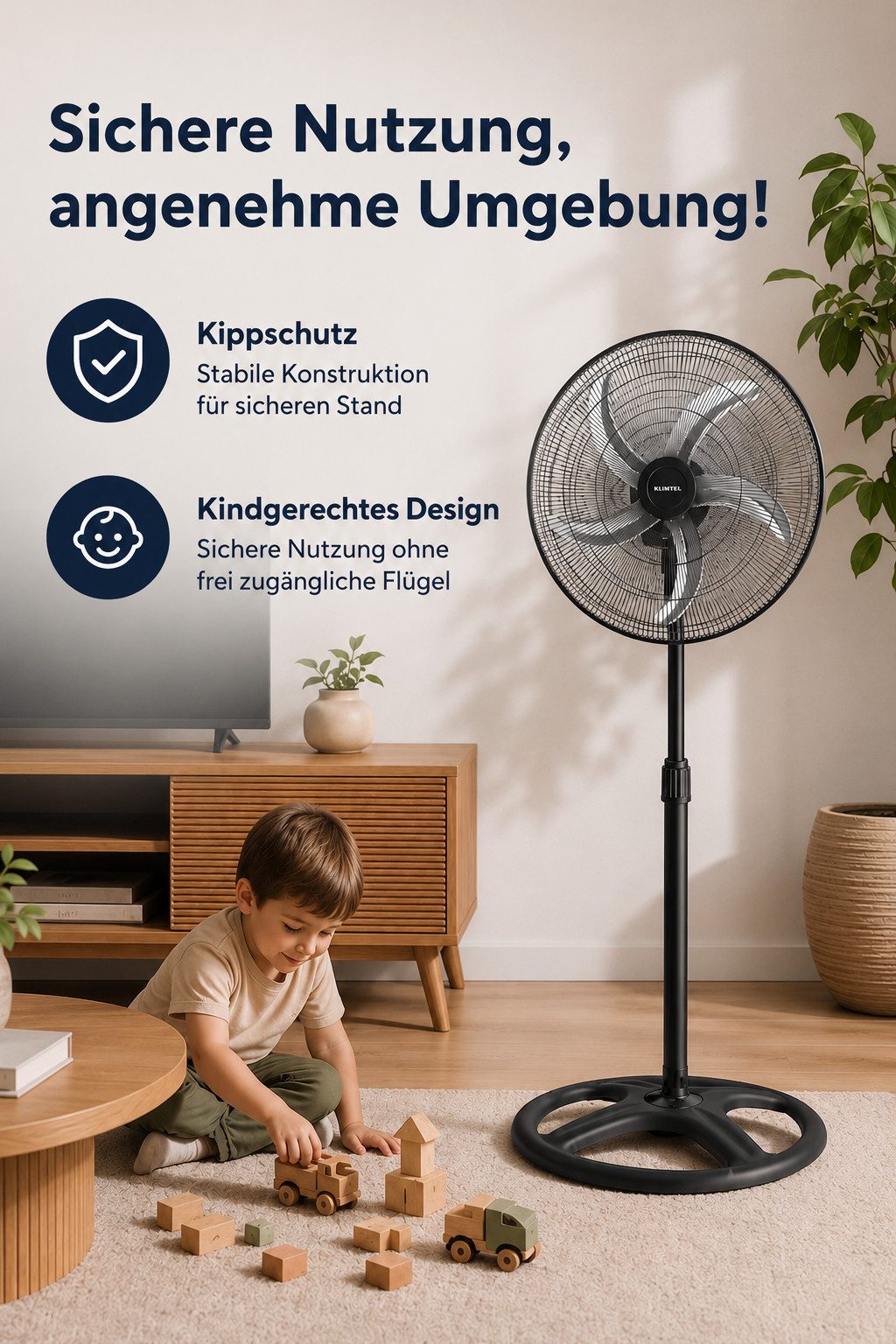KUMTEL Standventilator KTF-340, 50 cm Durchmesser, 60 w,70° horizontale Oszillation, Höhenverstellbar