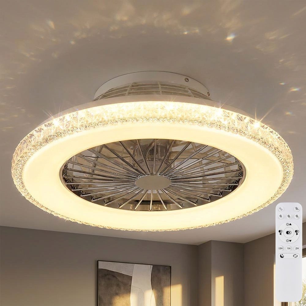 GLOBO LIGHTING Deckenleuchte, LED-Leuchtmittel fest verbaut, Kaltweiß, Warmweiß, Tageslichtweiß, Deckenventilator Deckenlampe dimmbar Fernbedienung Kristall LED D 50cm