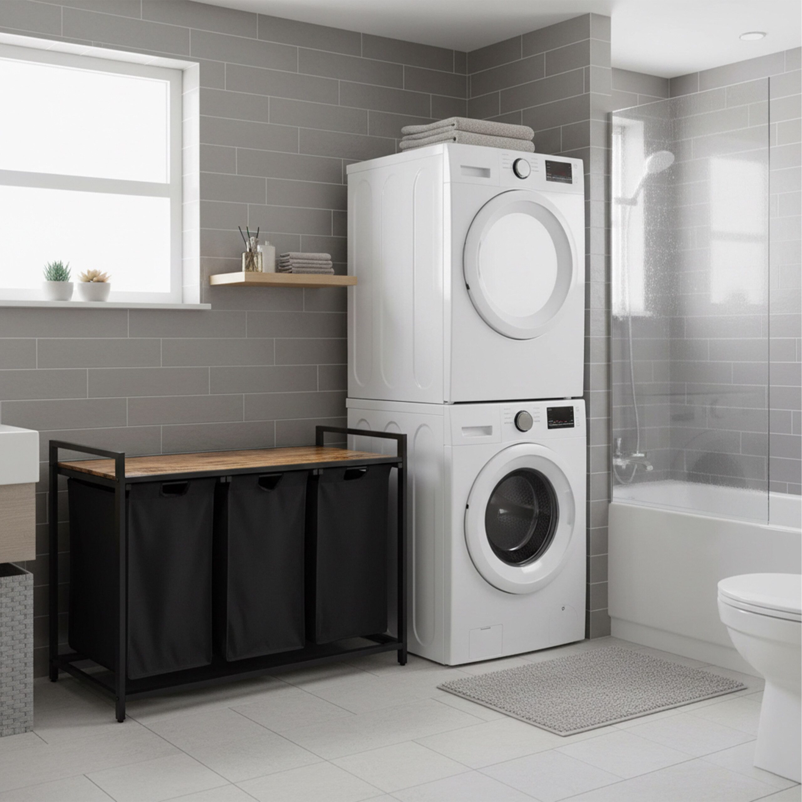 relaxdays Wäschesortierer Wäschesammler 3 Fächer mit Ablage, schwarz