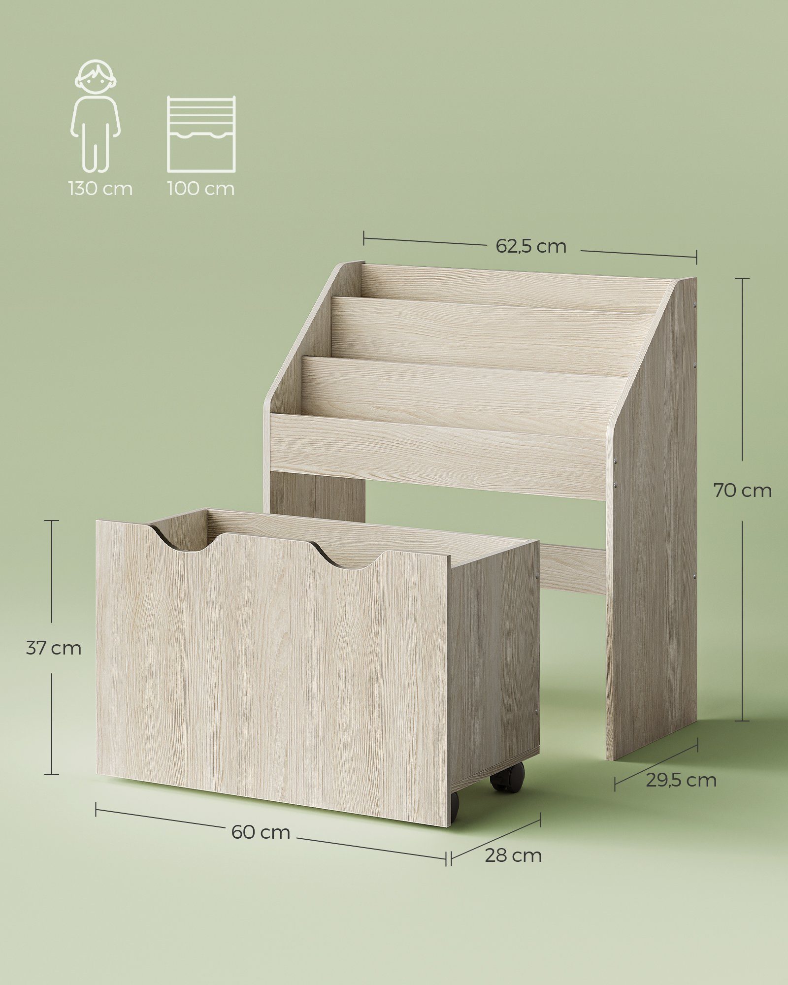 SONGMICS Spielzeugtruhe Bücherregal für Kinder, Kinderregal, mit Kippschutz, auf Rollen, 70cm Höhe