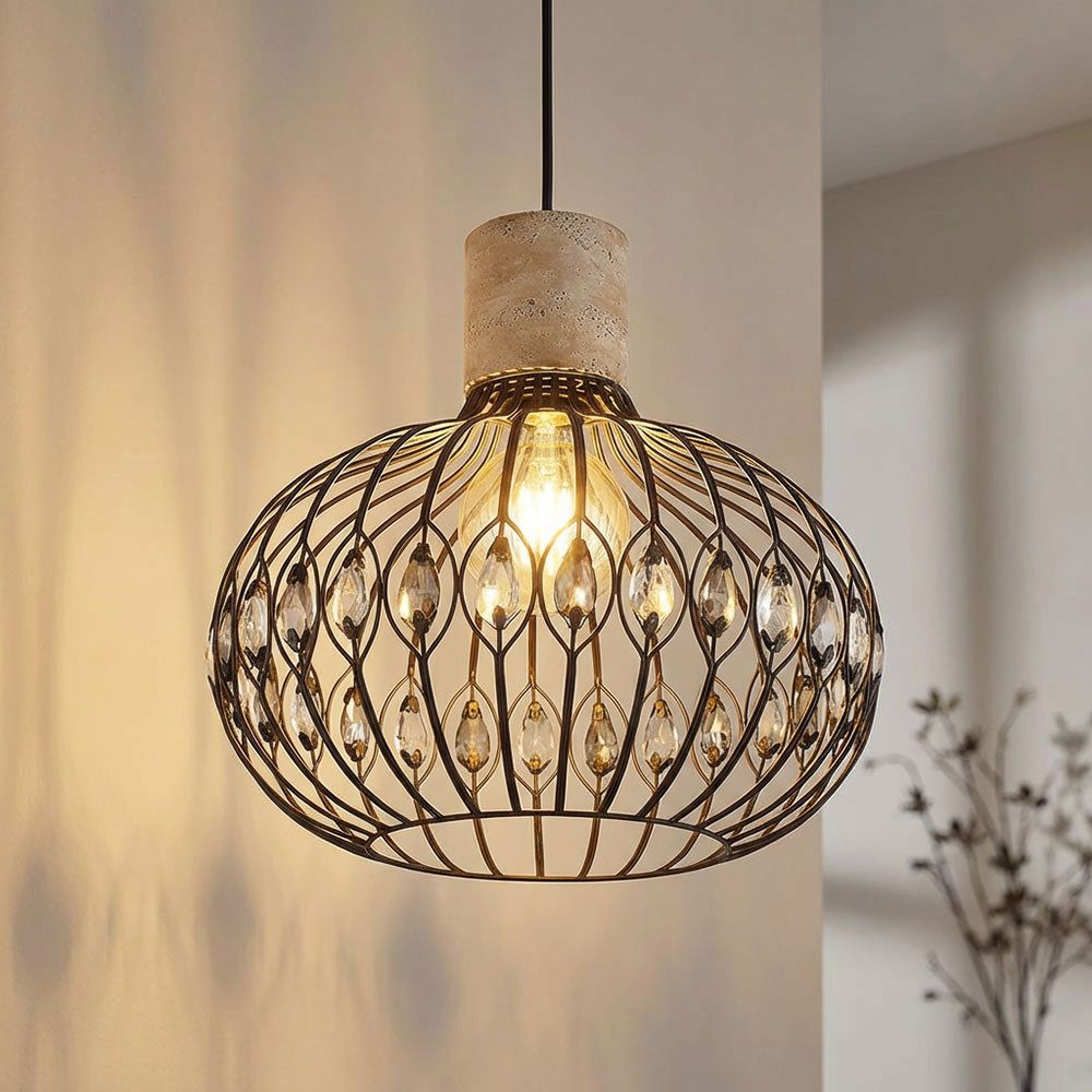 GLOBO LIGHTING LED-Hängeleuchte, Leuchtmittel inklusive, Warmweiß, LED Hängeleuchte Pendelleuchte Stein Kristalle Travertine D 38 cm