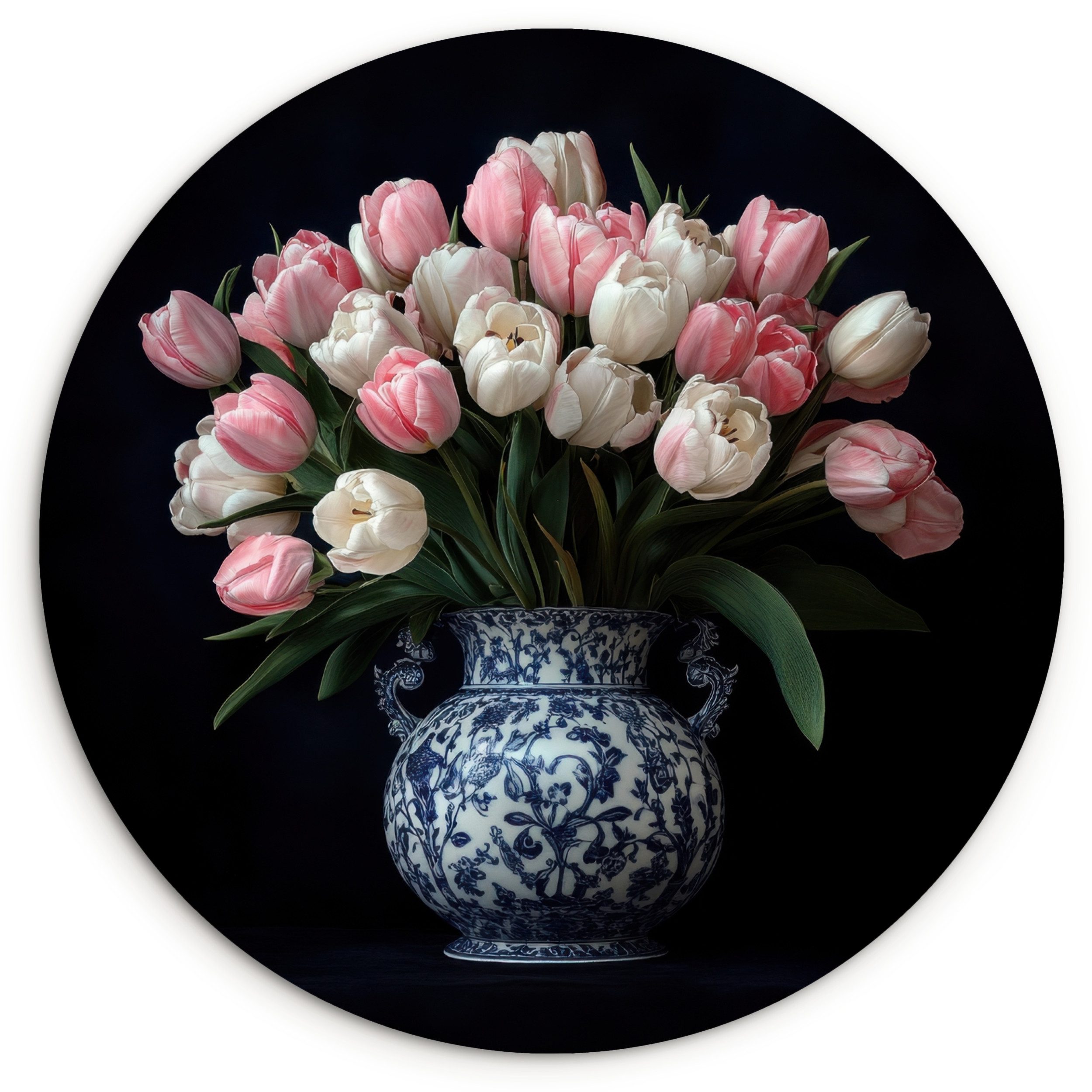 MuchoWow Gemälde Blumen - Rosa - Tulpen - Vase, Fotodruck (1 St), Kreis Wanddekoration, Rundes Wandbild, 30x30 cm