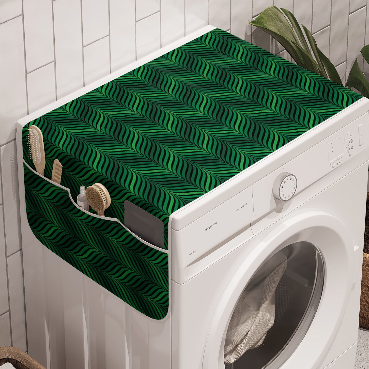Abakuhaus Badorganizer Anti-Rutsch-Stoffabdeckung für Waschmaschine und Trockner, Moderne Grünlich Gebogenen Streifen Kunst