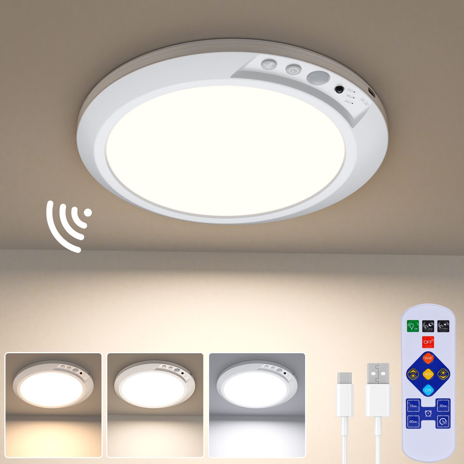 skelo LED Deckenleuchte 19CM Akku Lampe mit Bewegungsmelder 4000mAh, 3CCT Dimmbar & Timer, Wiederaufladbare Deckenleuchte, LED fest integriert, Kaltes Licht, Natürliches Licht, Warmes Licht, 3 Sensor Modus & Magnetische Deckenlampe ohne Bohren für Keller Flur