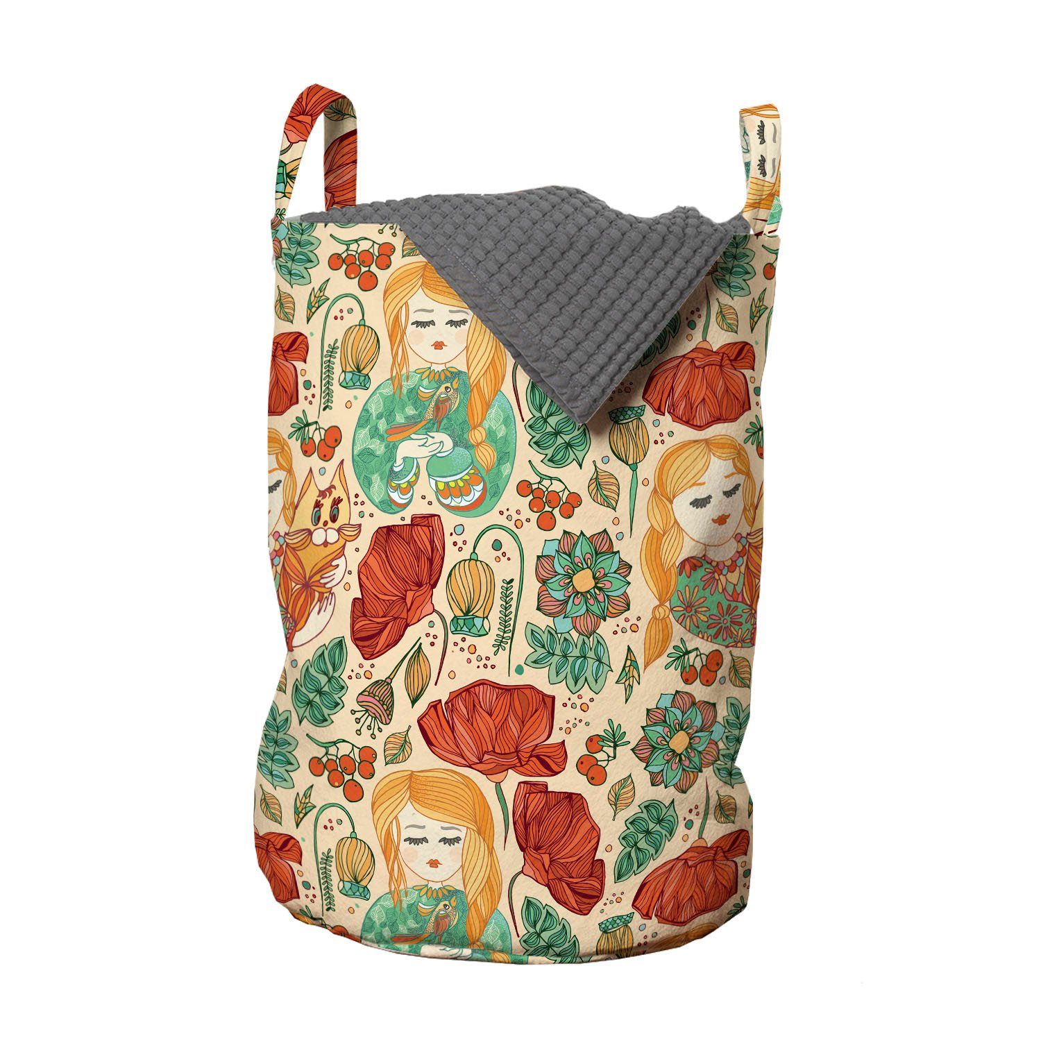Abakuhaus Wäschesäckchen Wäschekorb mit Griffen Kordelzugverschluss für Waschsalons, Blumen Mädchen Katzen und Vögel