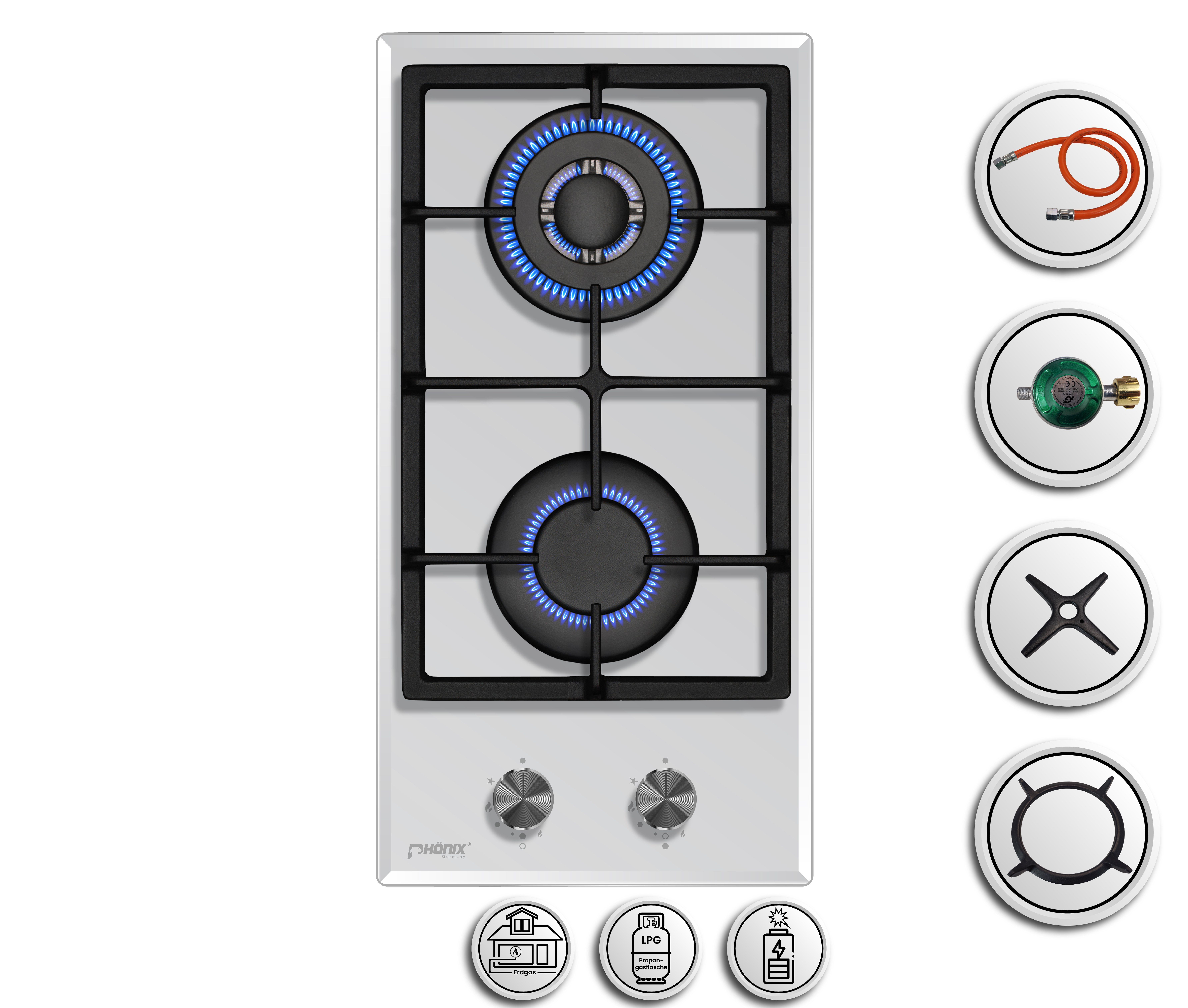 Phönix Germany Gas-Kochfeld Domino-GW, Gaskocher 2 flammig mit Zündsicherung, Propan- / Erdgas, H-Gas