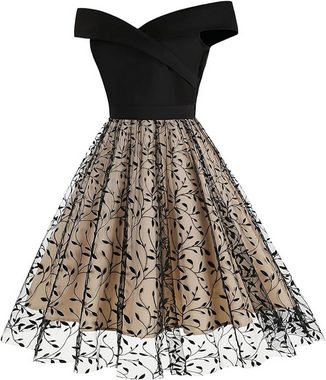 AFAZ New Trading UG Sommerkleid Damen 50er Jahre Vintage Elegant Off Shoulder Mesh Swing Kleid Festlich Hochzeit Coctailkleid