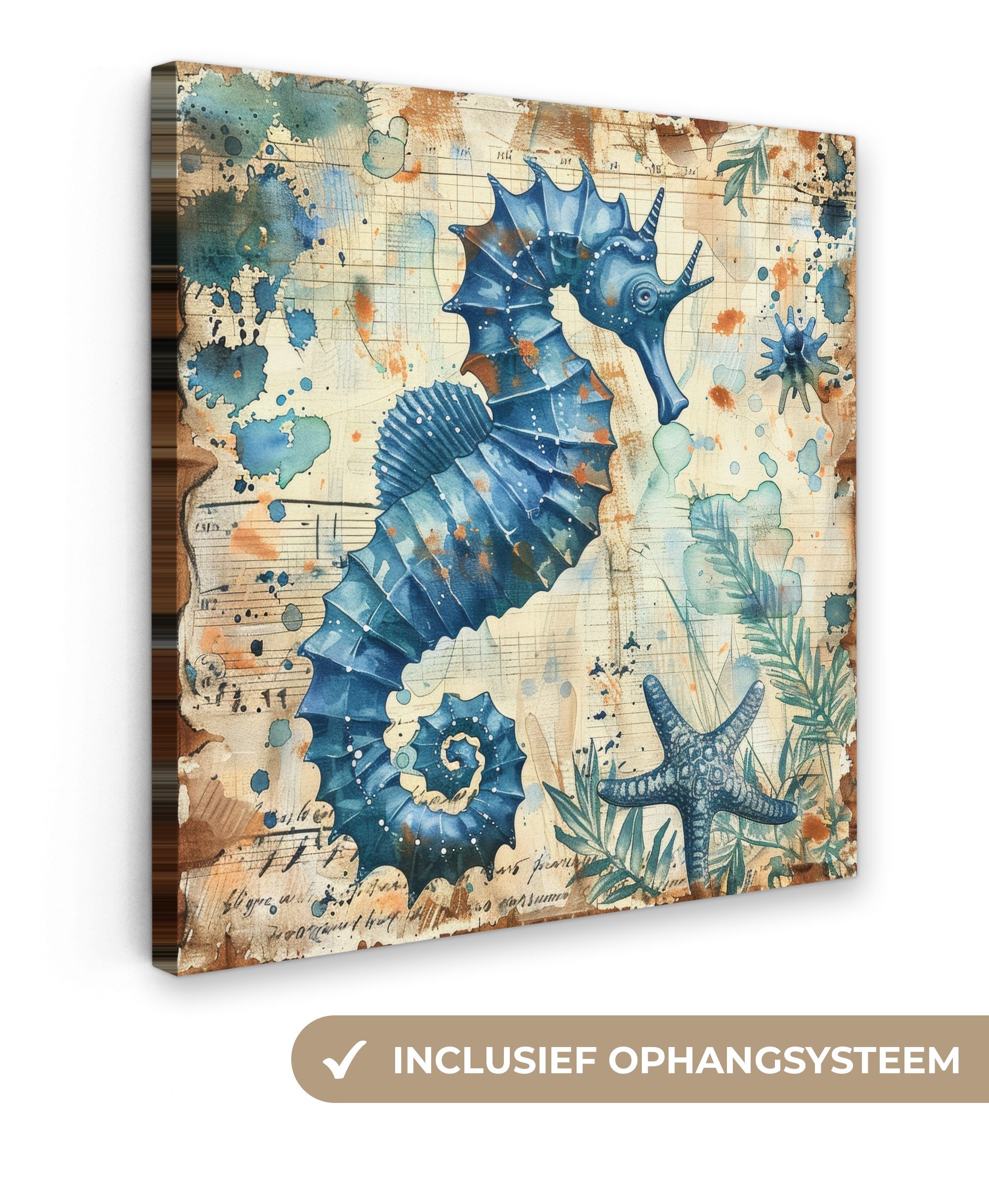 OneMillionCanvasses® Leinwandbild Vintage - Meerestiere - Seepferdchen - Aquarell - Blau, Fotodruck (1 St), Wandbild, Deko Schlafzimmer Wohnzimmer Flur 20x20 cm