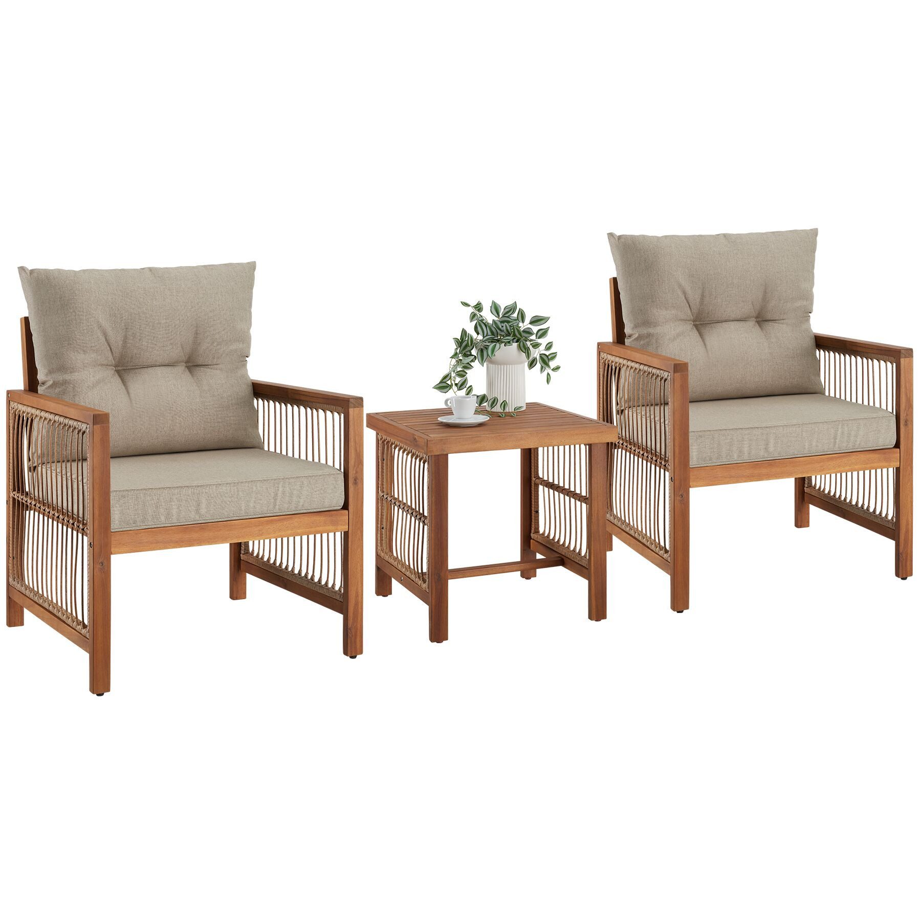 tectake Essgruppe Lounge-Set, wasserabweisende, abnehmbare Polyesterbezüge, (Sitzgruppe Eivissa, 3-tlg., Rope-Design in natur), Polsterdicke 10 cm, belastbar und wetterfest