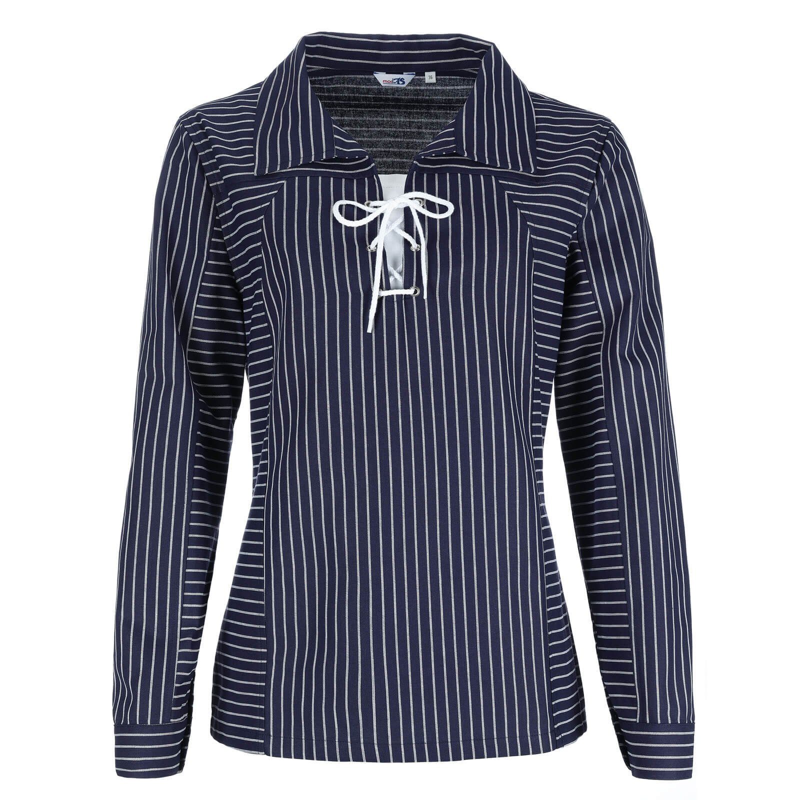 modAS Langarmhemd Damen Takelhemd mit Kordelschnürung - Maritimes Fischerhemd Gestreift (10) breiter Streifen Blau